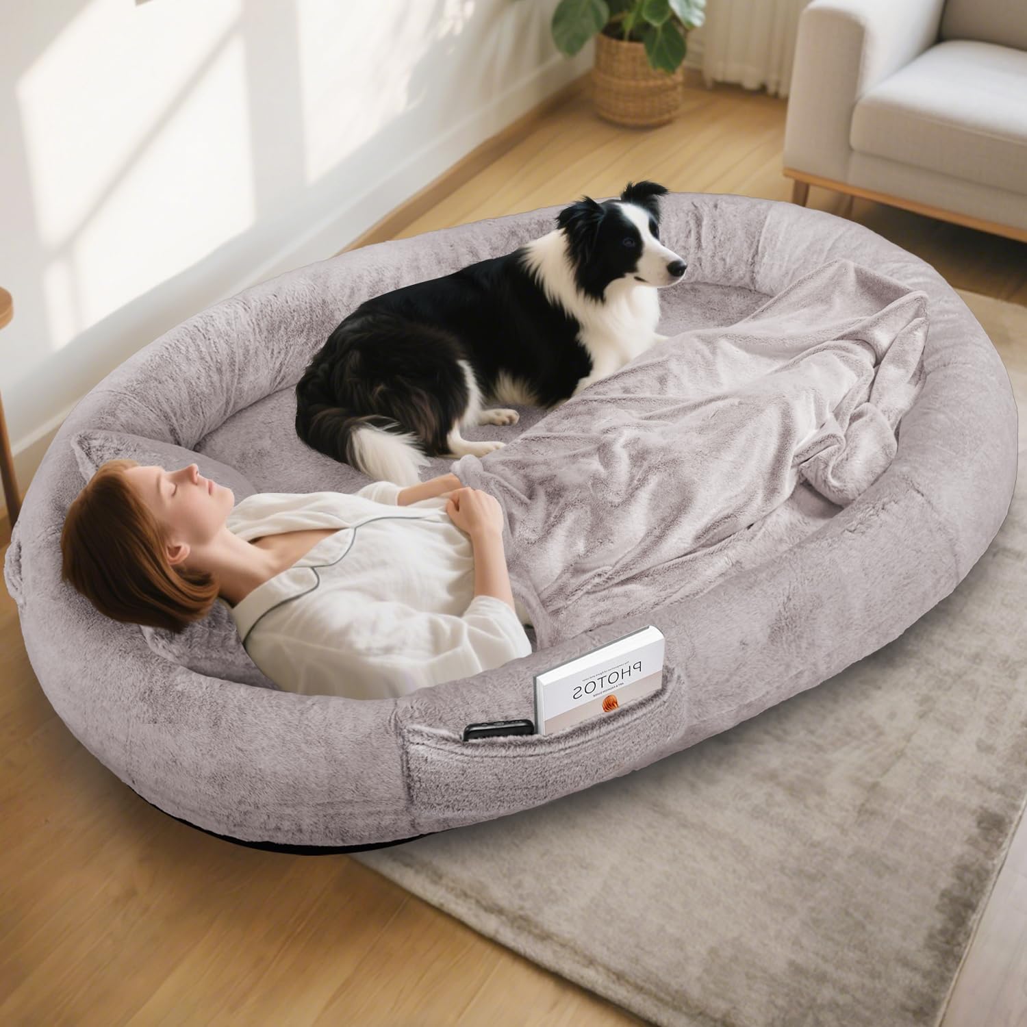 IVY&LANE Human Dog Bed for Adult,Human Sized Dog Bed for People Giant Bean Bag 71"x45"x14",Washable Faux Fur Orthopedic Nap Pet Beds with Blanket and Pillow,Camel