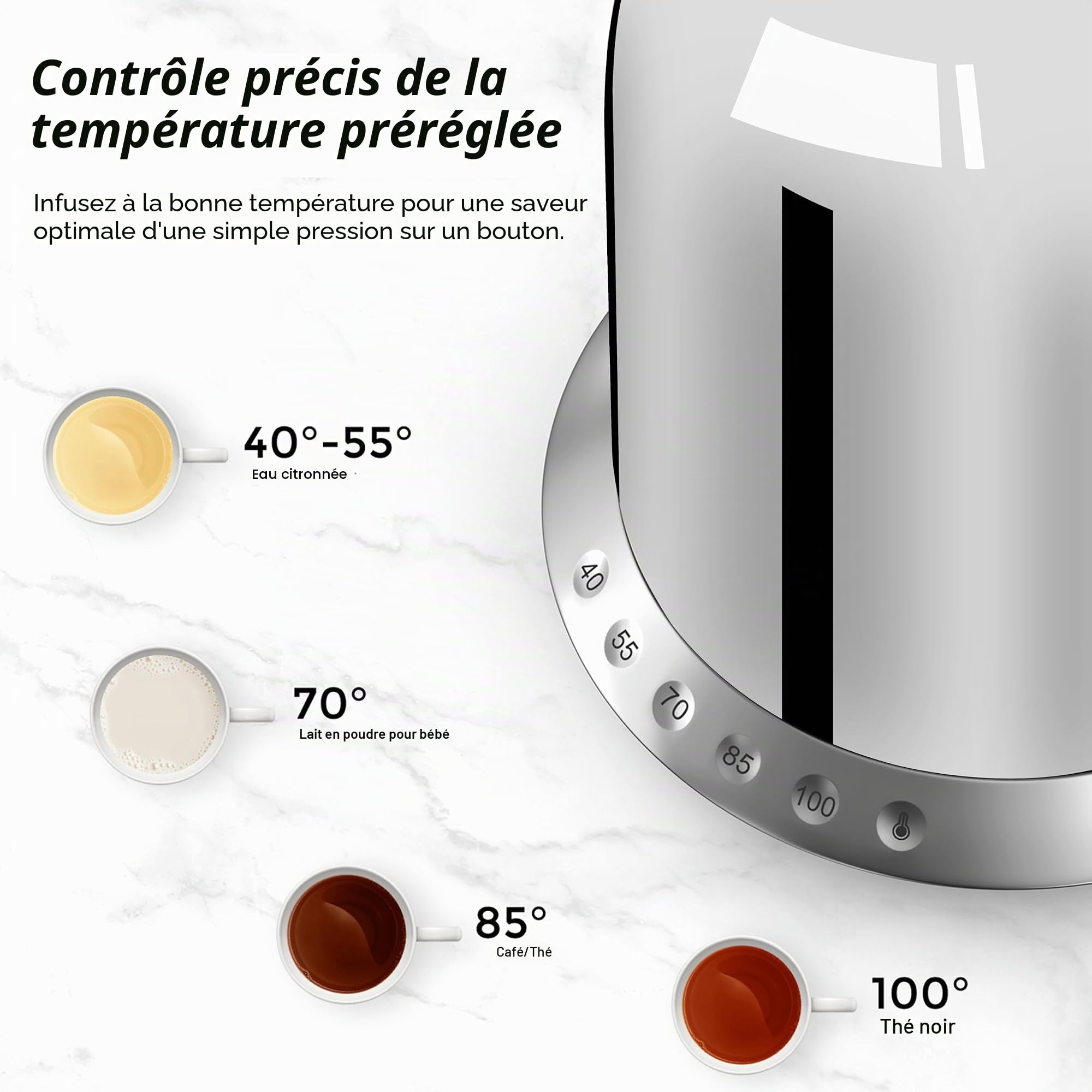 ASCOT Bouilloire en acier inoxydable avec 5 préréglages variables, bouilloire électrique pour thé et café, maintien au chaud pendant 30 minutes, chauffe-vite 2200 watts, 1,5L (argent)