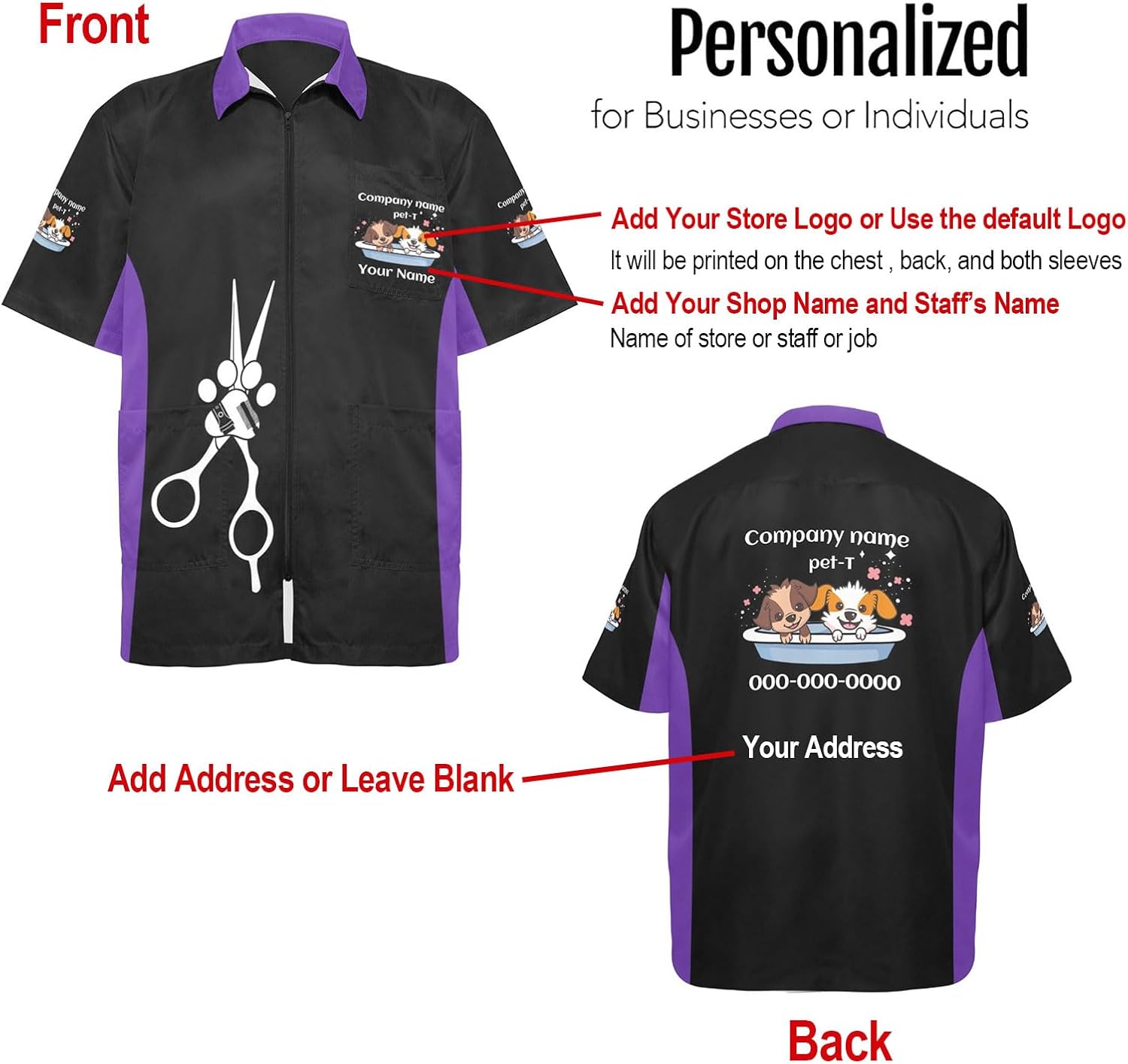 Custom Pet Grooming Smock with Logo/Name Personalized Waterproof Zipper Jacket for Professional Groomers, 3 Utility Pockets