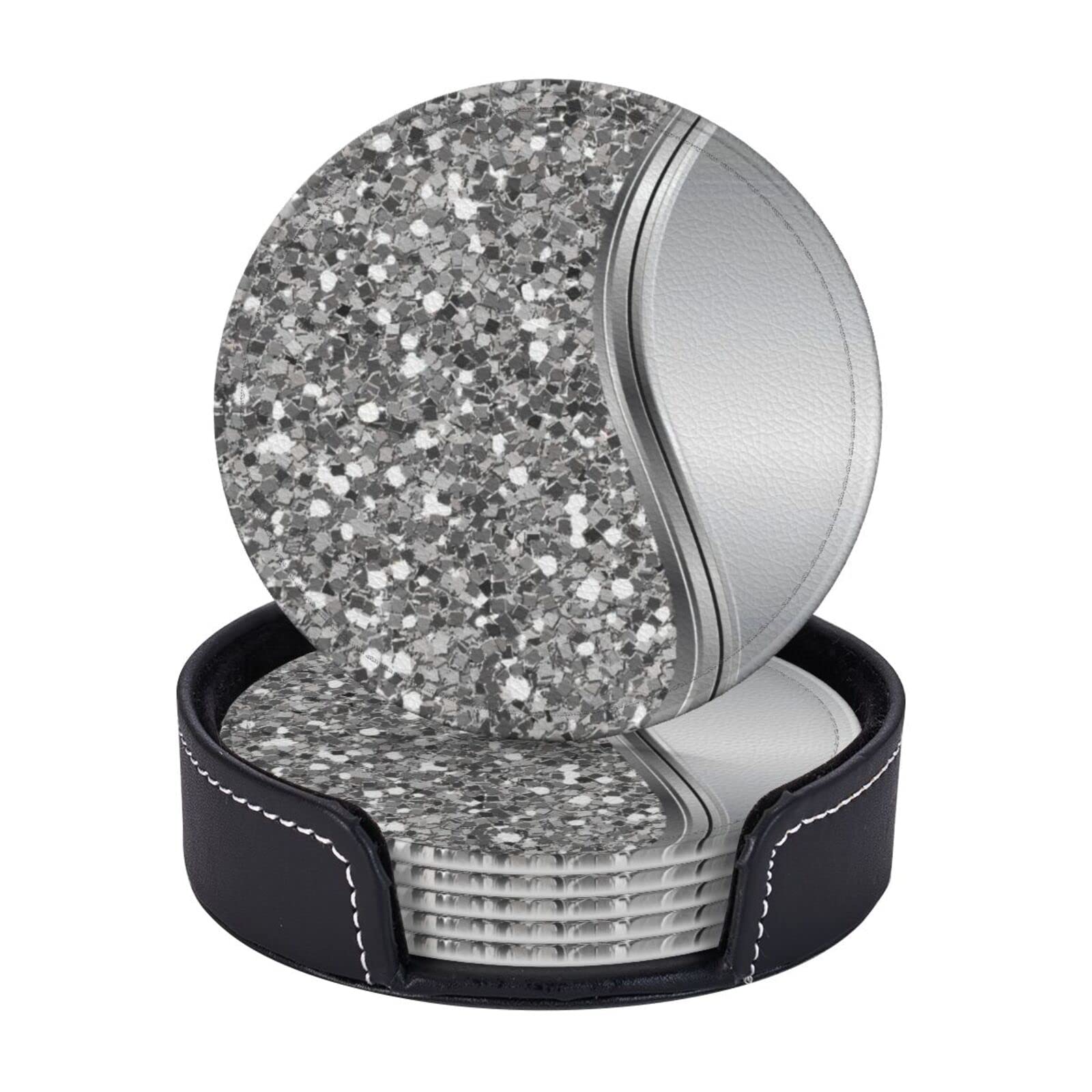 Enpap As Picture Silver Faux Glitter Glam Bling,Round Coasters, Mugs Pad, Cups Mat Set Of 6 Leather Drinks Coasters With Holder