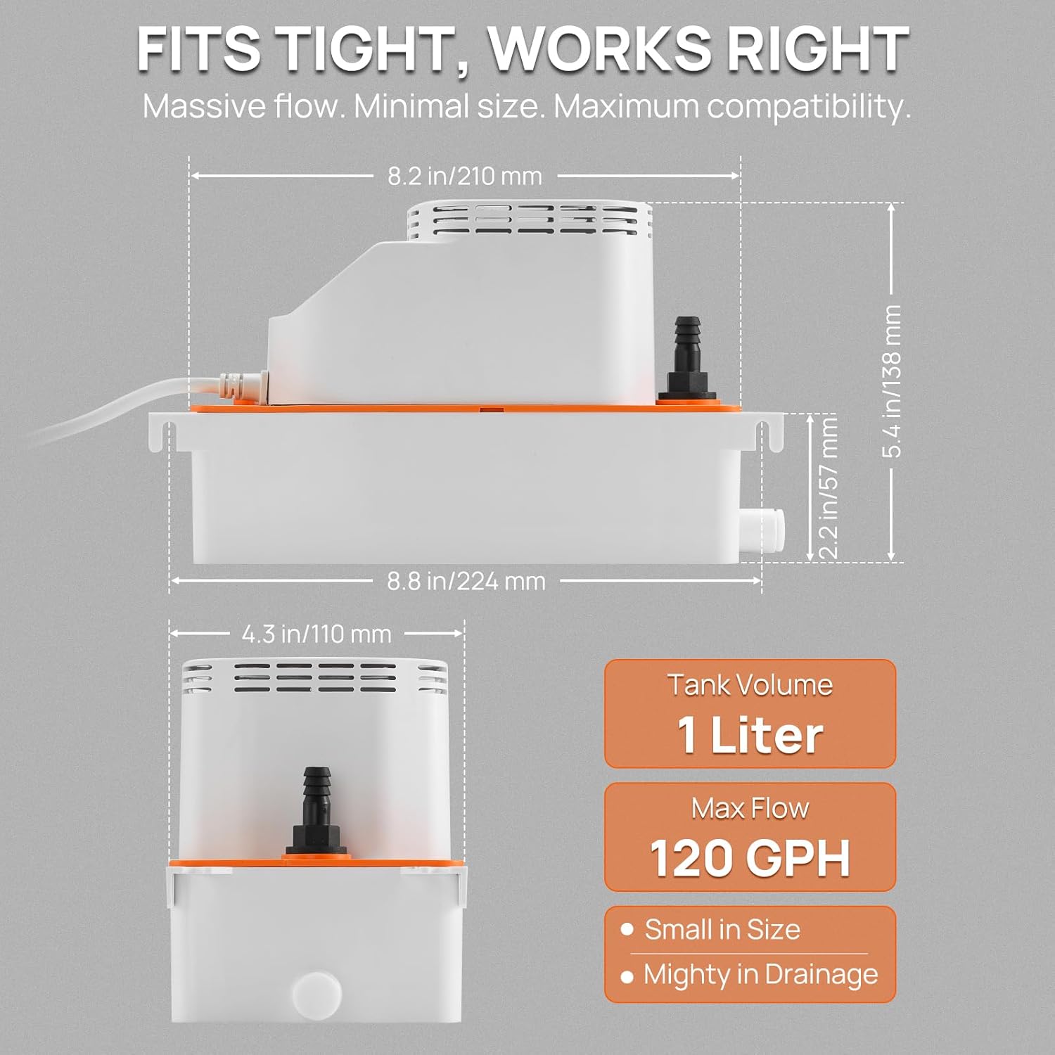TURBRO 100-240 V, 120 GPH, 1/30 HP, 26Ft Condensate Pump for HVAC, Automatic Condensation Removal with 20Ft Tubing, for Air Conditioner, Dehumidifier, Furnace, Ice Maker, CP450