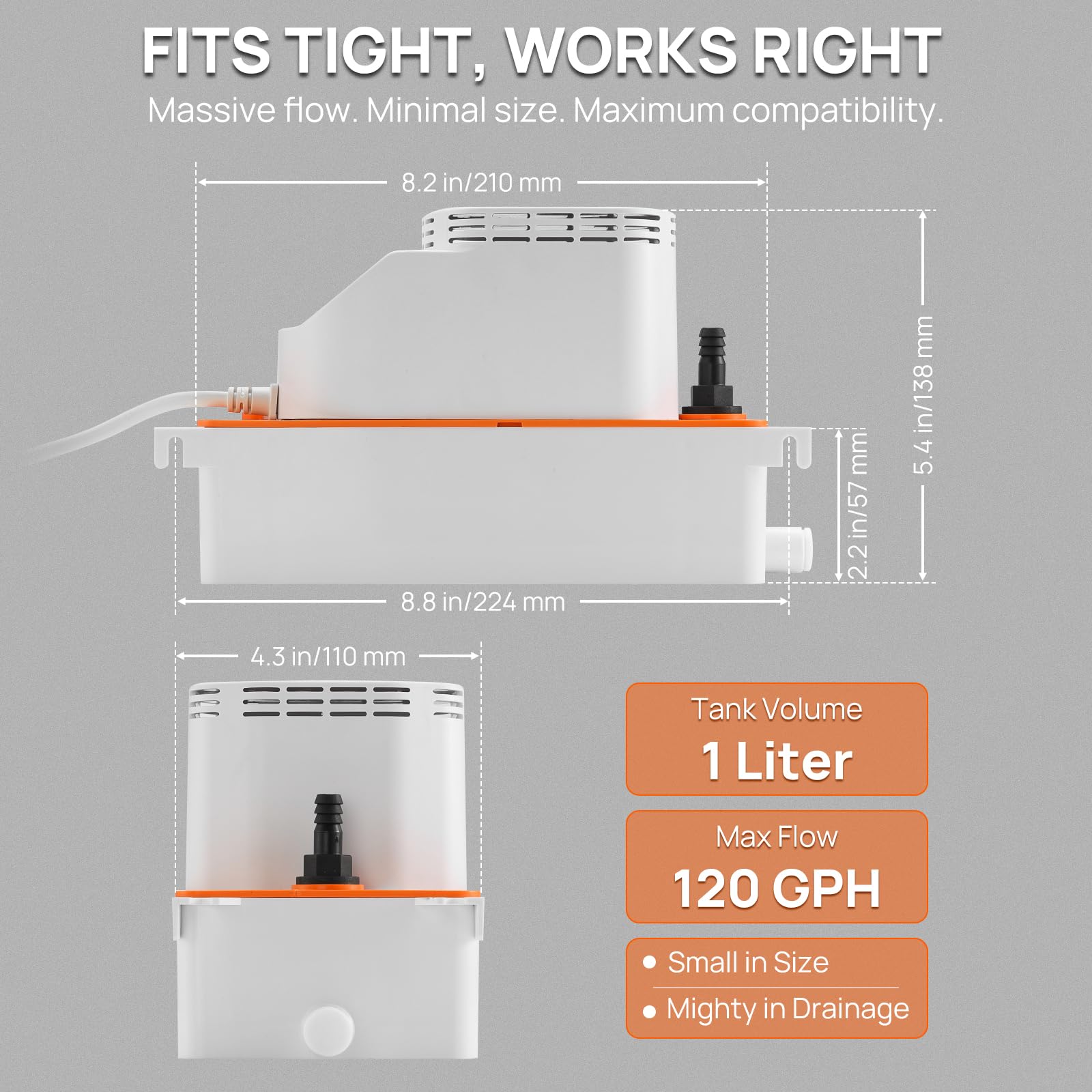 TURBRO Pompa per Condensa, 454 L/h, Prevalenza 7,9m | 100-240V Universale, Interruttore a Galleggiante, 25W Silenzioso 35dB, Per Climatizzatore e Deumidificatore