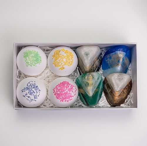 Miniatura 8 de Juego de regalo de jabón de roca y bomba de baño, paquete de spa de lujo para mujeres con 4 jabones decorativos de piedras preciosas con cristal
