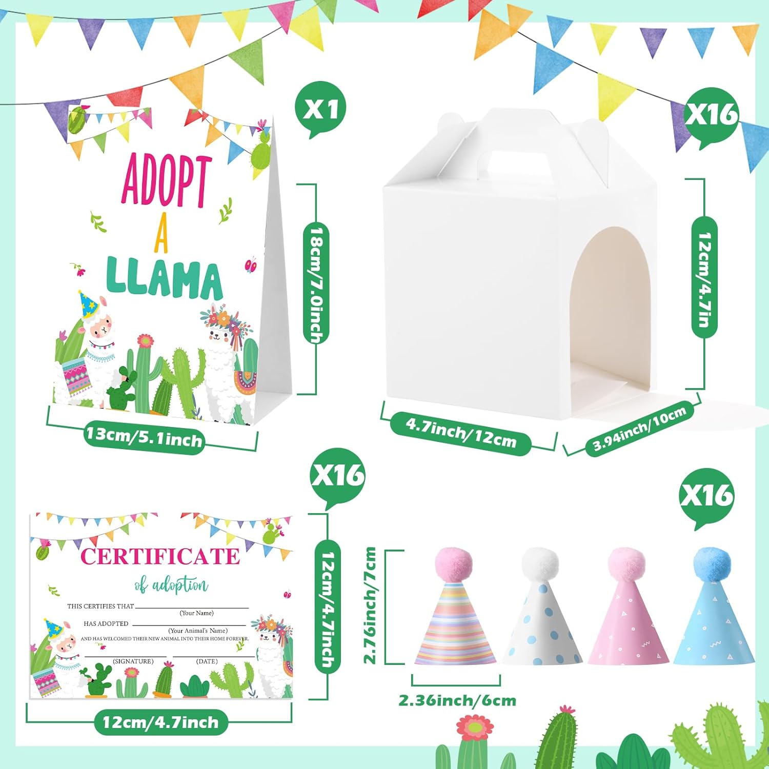 Hollowfly 73 Pcs Adopt a Pet Party Favors Set Include 18 Mini Llama Stuffed Animal 18 Adoption Certificates 1 Adopt Signboard 18 Birthday Hats 18 White Foldable Boxes