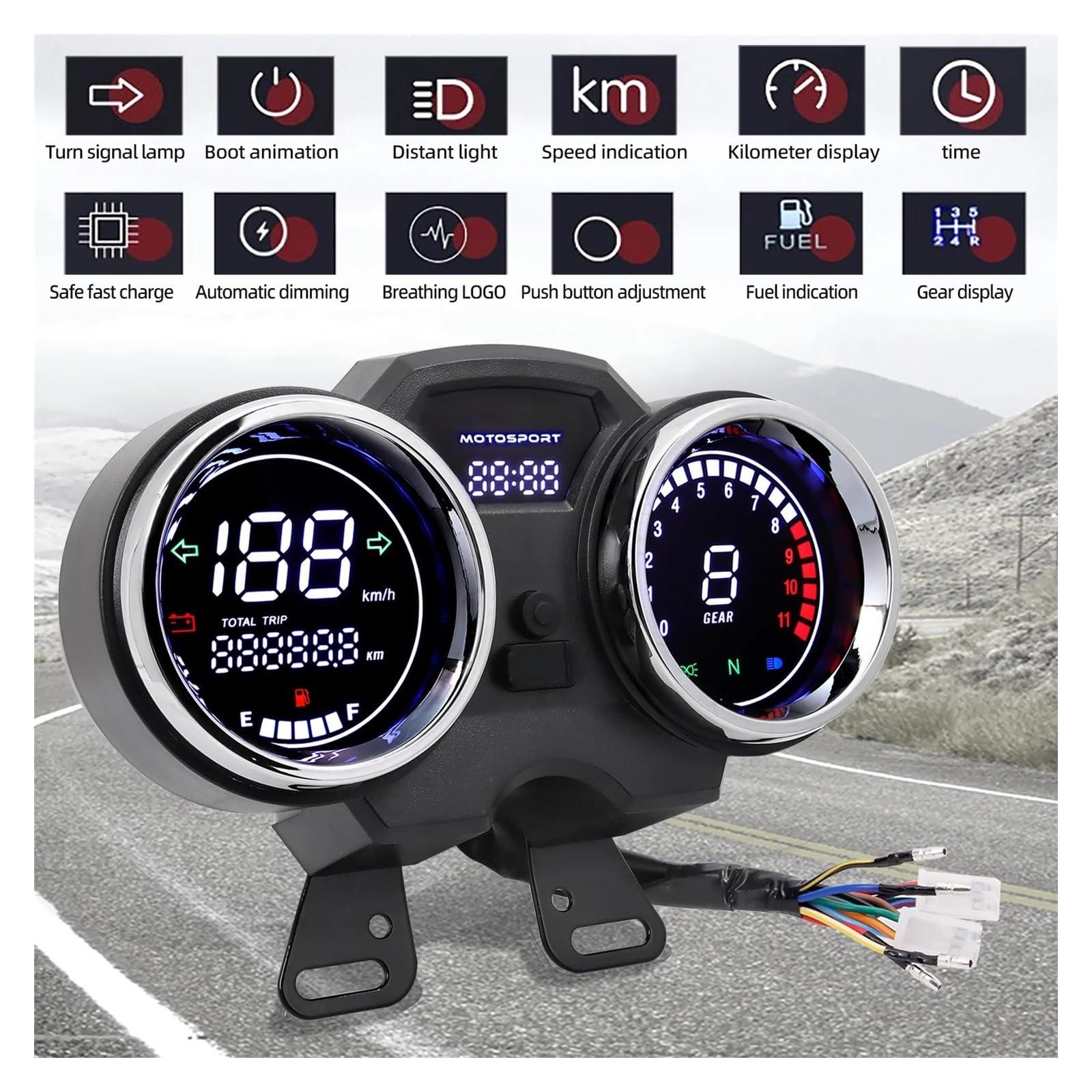 Contagiri contachilometri LED Digitale Moto Tachimetro RPM Contagiri Cruscotto TRIP ODO Orologio Livello Olio Indicatore 1-11 Marcia Per 150Gato 250cc