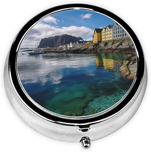 Noruega Paisaje Naturaleza Mar Agua Imprimir Pastillero Redondo 3 Compartimentos Pastillero Medicina Pastillero Portátil para Medicina Diaria