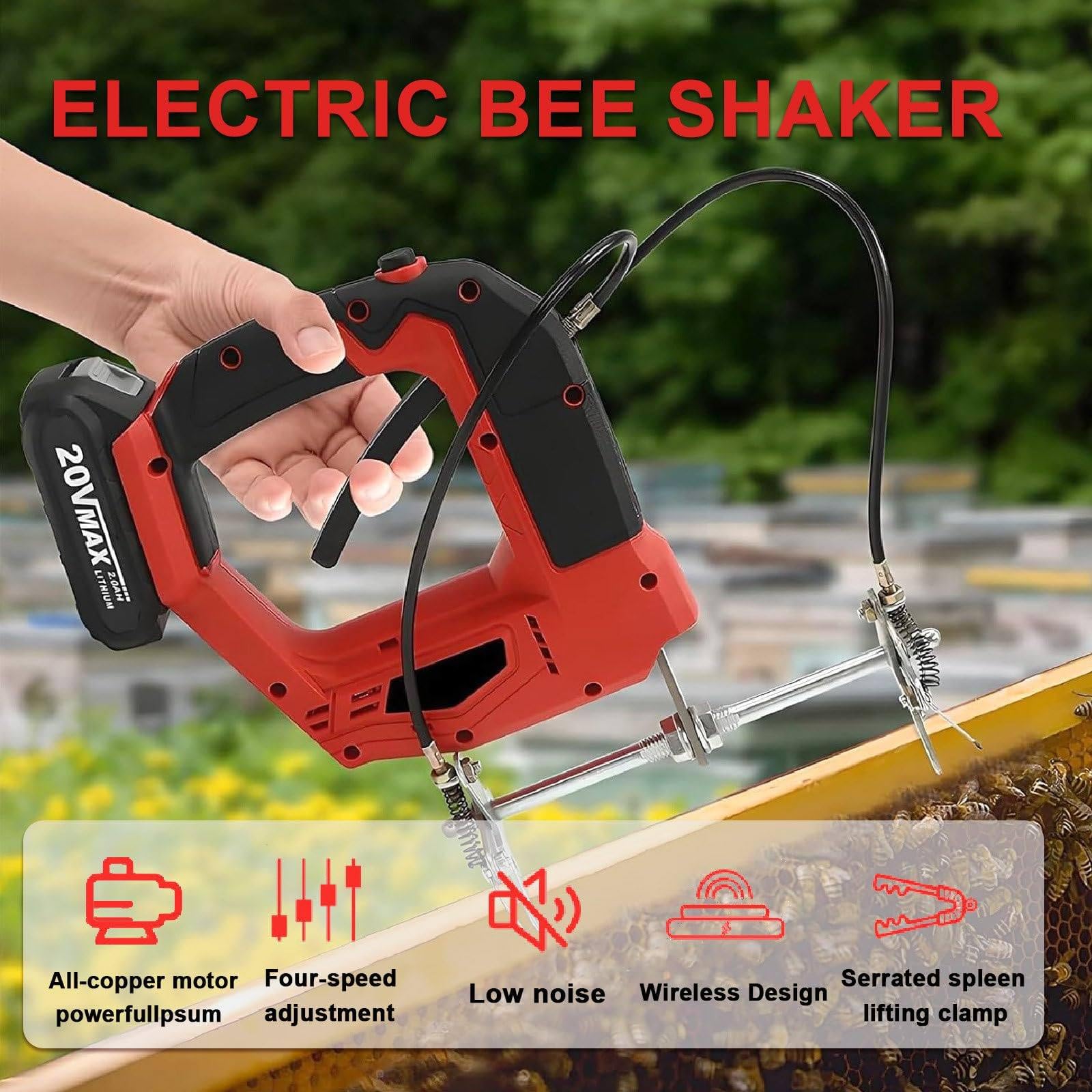 Bee Shaker - Máquina agitadora de marco de colmena inalámbrica de 150 W, removedor de abejas portátil recargable de 20 V con 2 baterías para apicultores, 2700 rpm, 4 velocidades