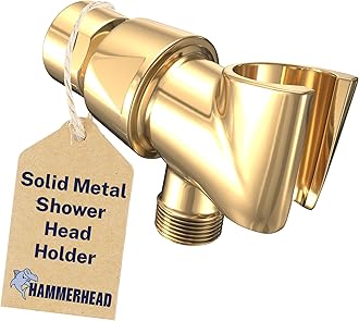 HammerHead Showers® Solid Metal Handheld Shower Head Holder - Polished Brass - Adjustable Shower Wand Holder with Universal Wall Hook Bracket and Brass Pivot Ball - Hand Held Shower Head Holder