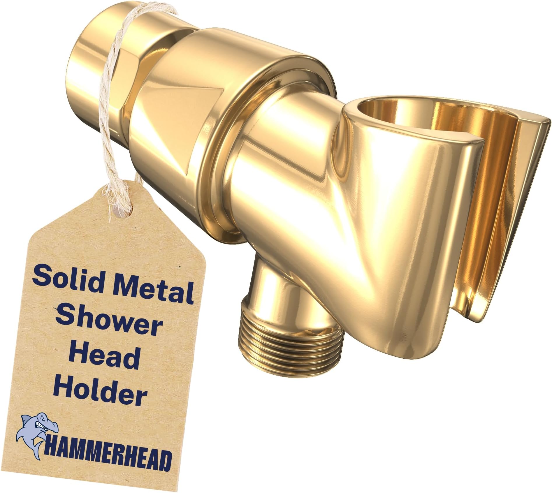 HammerHead Showers 100% METAL Head Holder for Hand Held heads, Polished Brass | Adjustable Arm Mount with Universal Wall Hook Bracket and Brass Pivot Ball