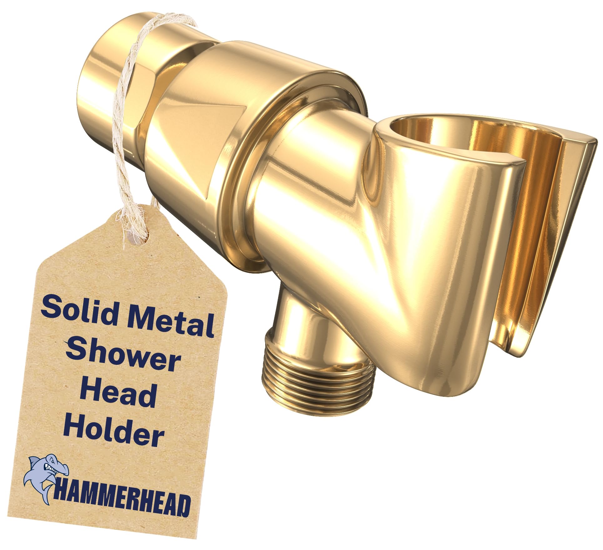 100% METAL Shower Head Holder for Hand Held Showerheads, Polished Brass | Adjustable Shower Arm Mount with Universal Wall Hook Bracket and Brass Pivot Ball