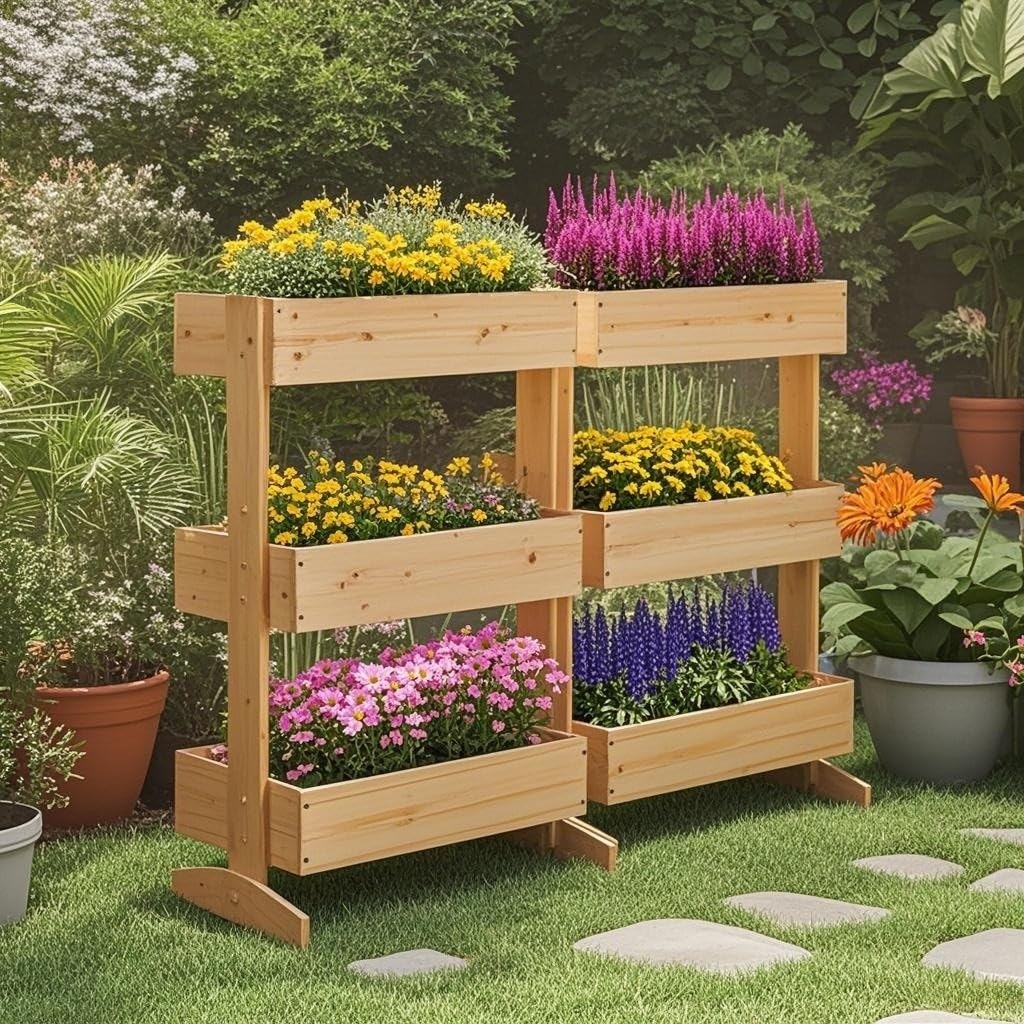 HOMASIS Orto Rialzato da Esterno a Tre Livelli, Fioriera Rialzata a Scala in Legno di Pino con Foro di Drenaggio, Vaso Regolabile per Fiori e Verdure da Giardino, 69 x 39 x 109 cm, Naturale