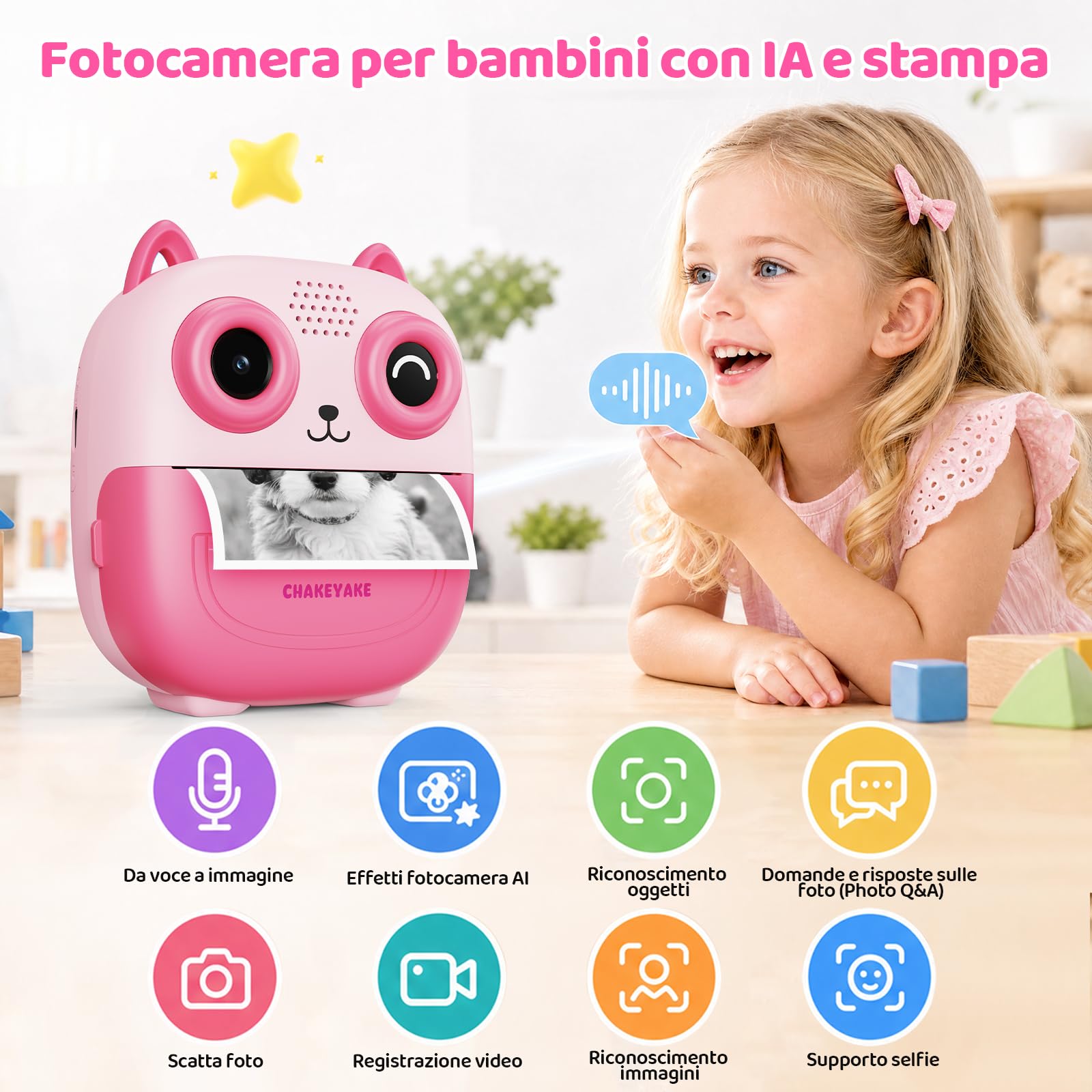 CHAKEYAKE Macchina Fotografica Bambini Istantanea, AI Riconoscimento Vocale E Immagini, Schermo da 2,4 Pollici, Funzione Foto & Video, Adesivi Creativi E Filtri, Regalo Per Ragazzi Ragazze, Rosa