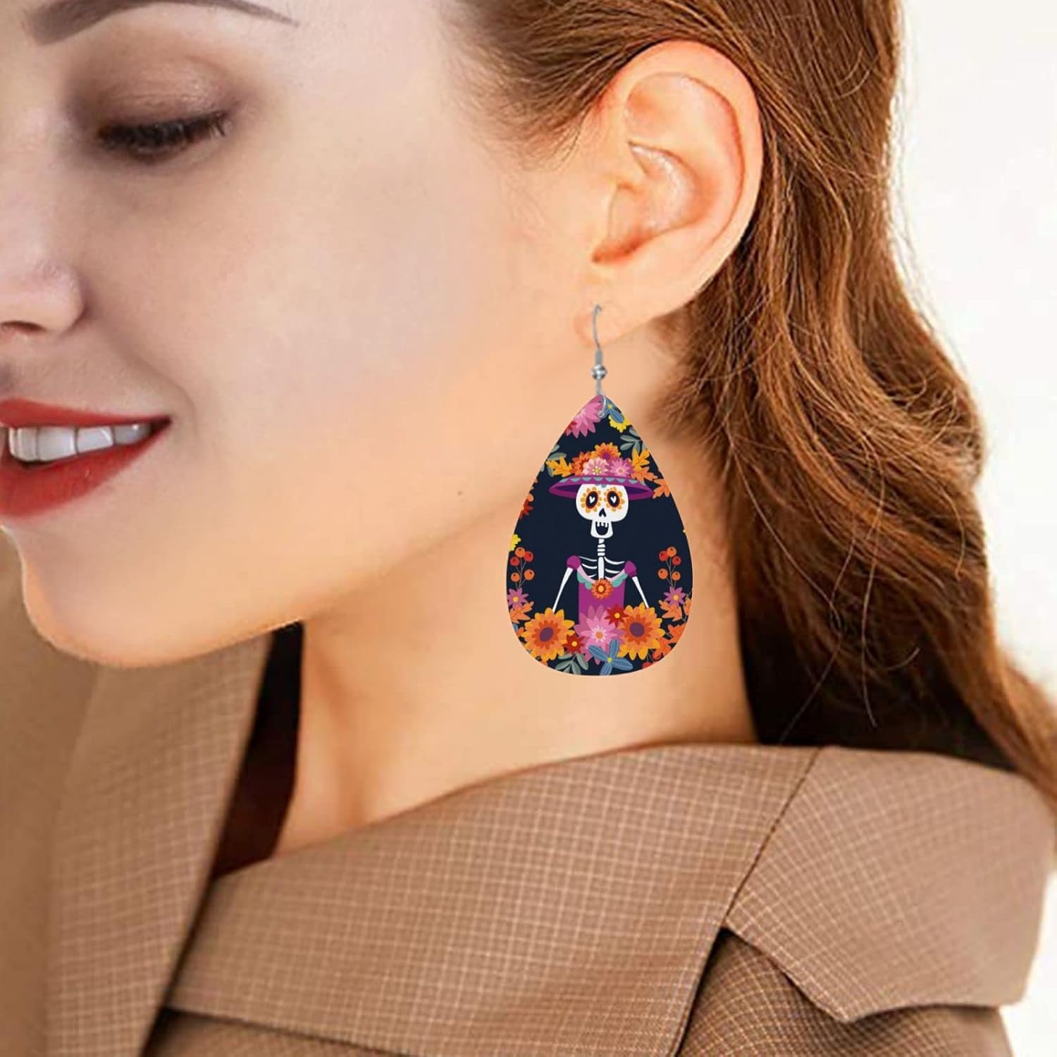 Dia De Los Muertos Mexican Day Skull Faux Leather Teardrop Earrings for Women Drop Dangle Earrings Gift - Image 7
