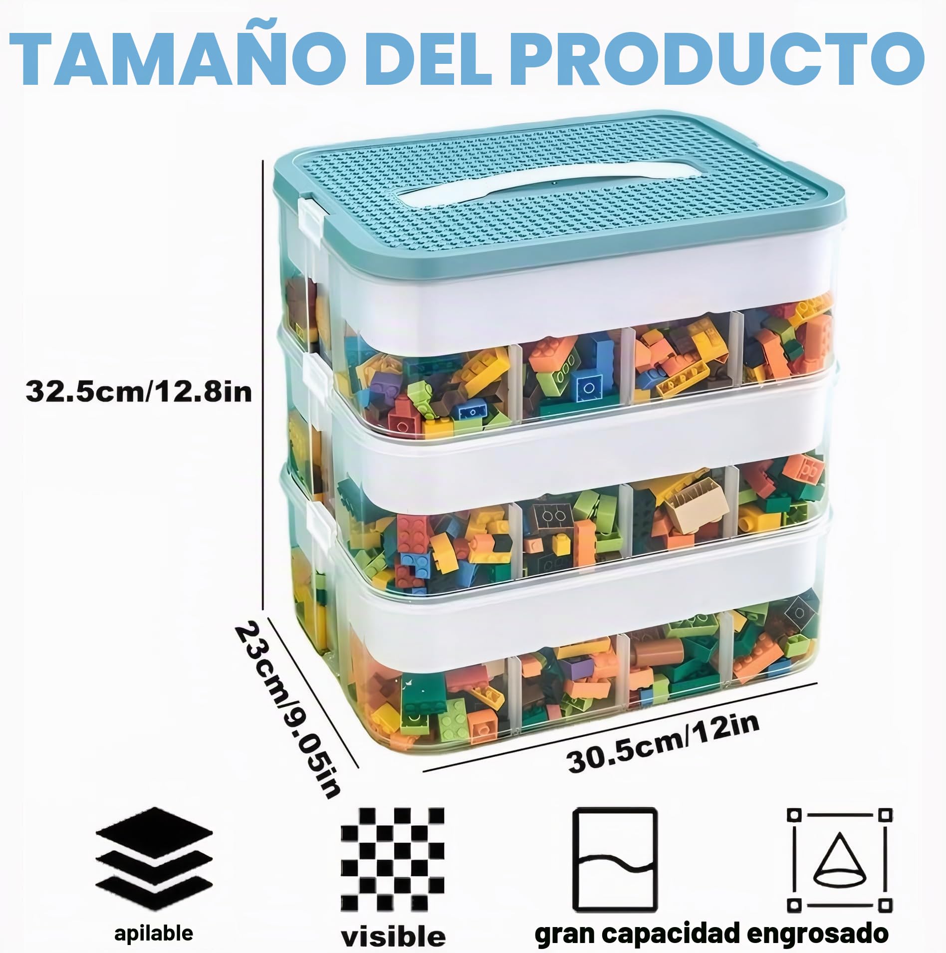 Cajas de almacenamiento, organizador transparente para juguetes, cajas de almacenamiento apilables de Lego con tapa, asa, contenedor de plástico con múltiples compartimentos para almacenar juguetes