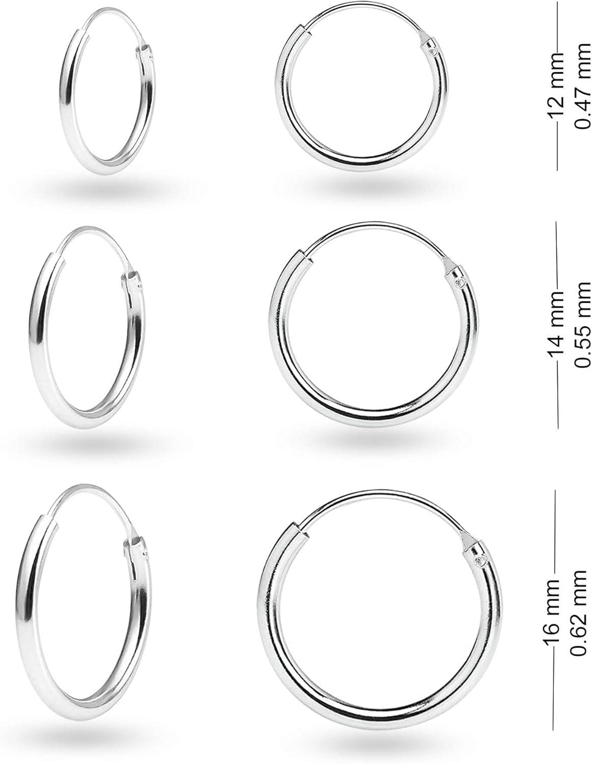 Charmsy 925 Sterling Silver Hoop Earrings | Set of 3 Pairs Endless Hoop Earring for Teen 12MM, 14MM, 16MM