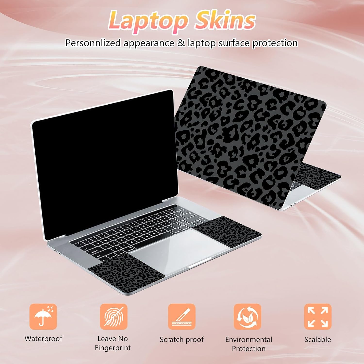 Laptop Skin Sticker Decal 12" 13" 13.3" 14" 15" 15.6",Waterproof Scratch Resistant Vinyl,Reusable Easy to Apply,for MacBook HP Dell Notebooks Netbooks Laptop,2 Wrist Pads,Black Green Leopard Print