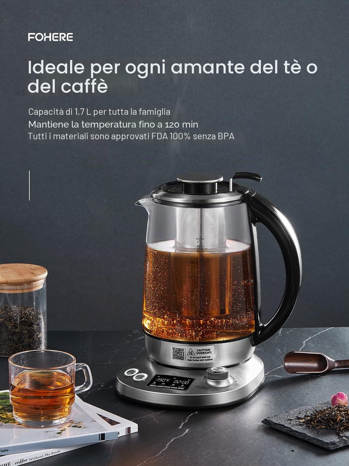 Bollitore Elettrico, 9 Preset di Controllo Della Temperatura Bollitore in Vetro, Teiera da 2200W, 2 ore di Mantenimento in Caldo, 1.7L Bollitore Acquacon Infusore Rimovibile, Display LCD(Argento)