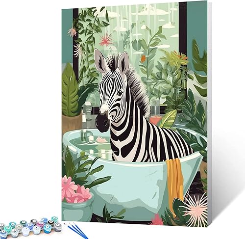 Tucocoo Pintura por números para adultos, baño, animales, bricolaje, pintura al óleo digital, pintura acrílica, cebra, arte de pared, hojas verdes,