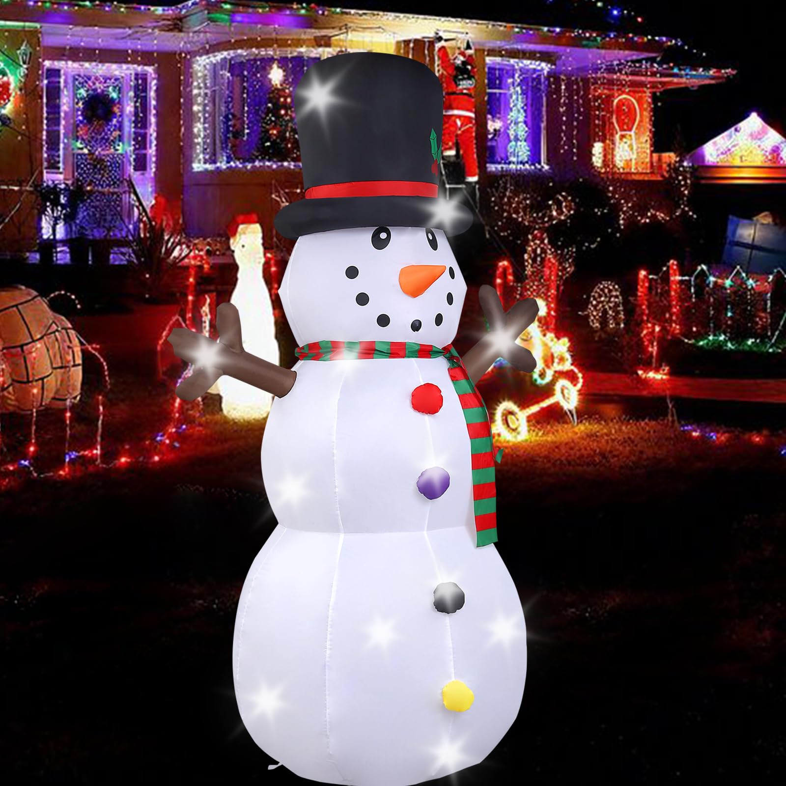 Bonhomme de Neige de Noël Gonflable, 240cm Bonhomme de Neige avec Lumières LED, Décoration de Noël avec des Pieux de Cordes Fixes, Décoration du Modèle pour Jardin Fête Intérieur Extérieur -1250mA/15W
