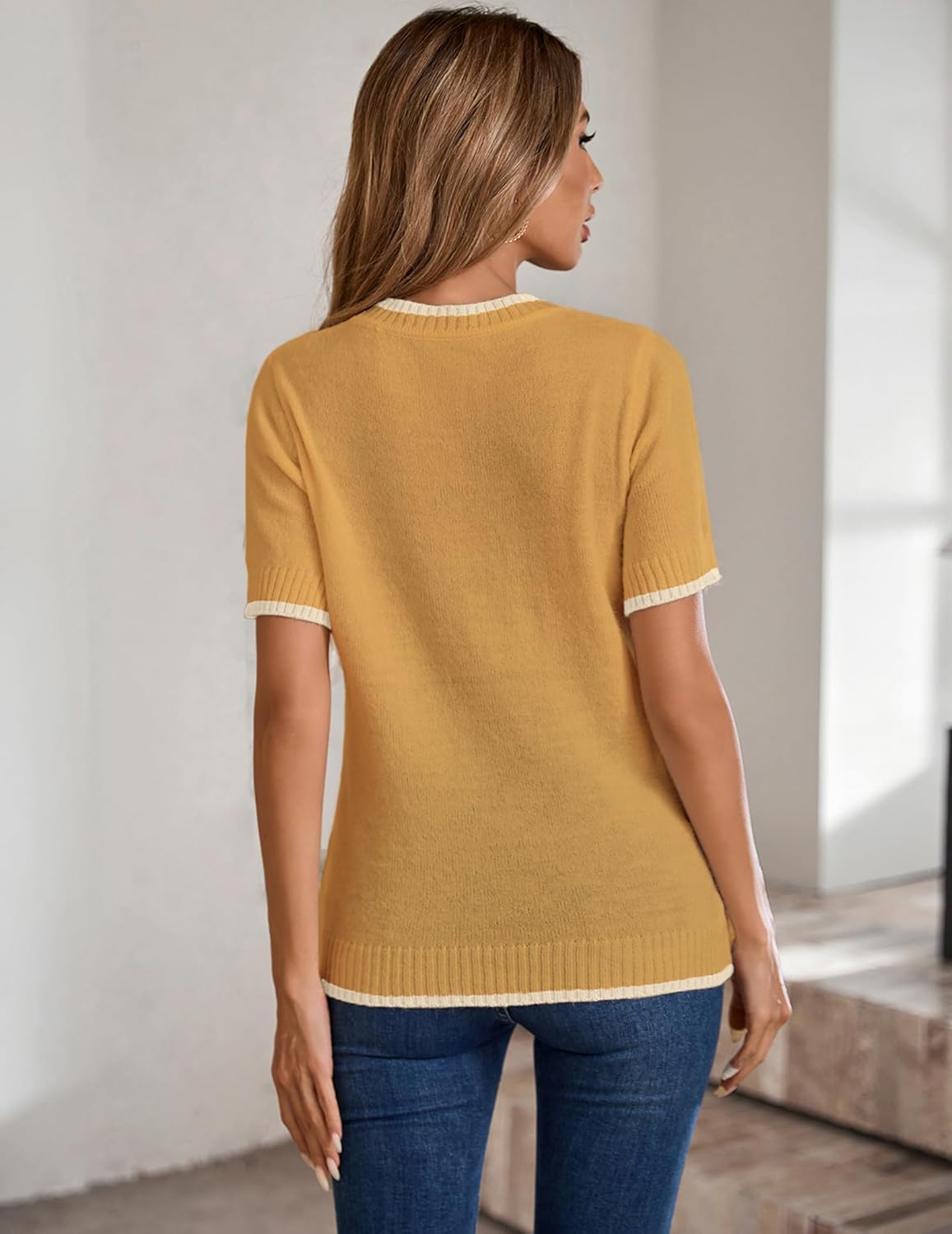 Womens Lightweight Cute Short Sleeve Sweater Spring 2025 Trendy Outfits Crewneck Thin Sheer Knit T-Shirt Tops - Image 3