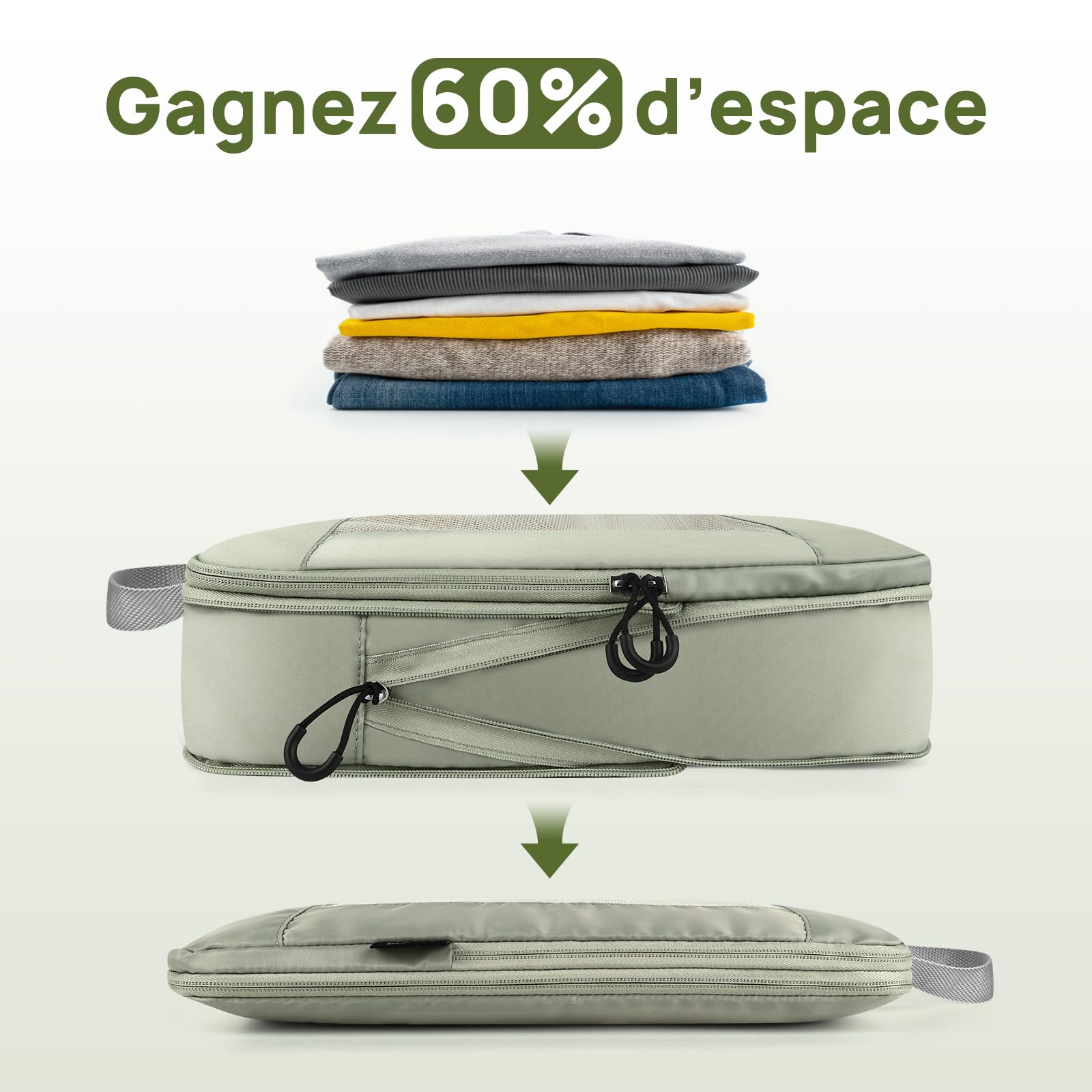 Rangement Valise, Ultraléger Organisateur Valise Compression, Extensible Voyage Packing Cubes Compression Sac Organiseurs de Bagage, Organisateur Valise Compressible (Gris Vert, 6 Pièces)