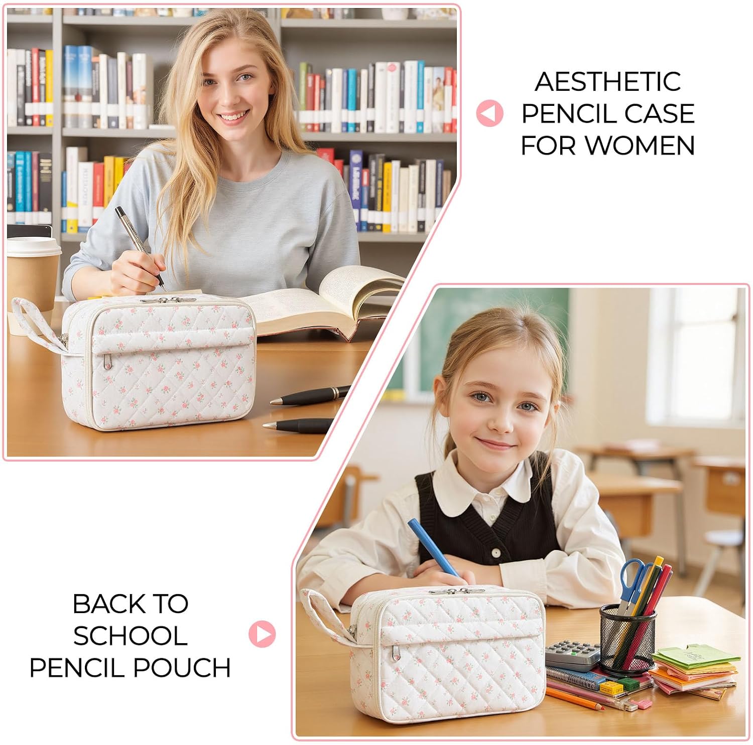 WOBAGMEN Quilted Pencil Pouch for Women, Large Capacity Pencil Case with Compartments, Cute Aesthetic Pencil Organizer, Floral Stationery Pouch（Pink mini Floral）