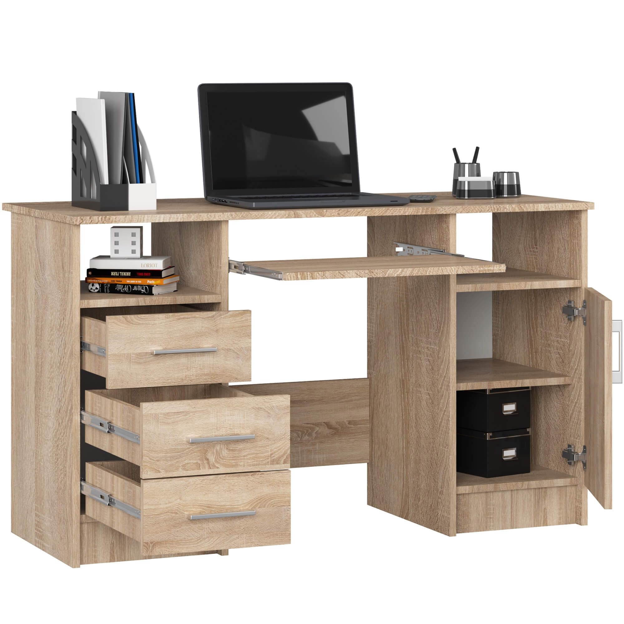 Mesa de ordenador Ana, Mueble Escritorio con 3 cajones, 1 estante con puerta, 2 estantes abiertos, 124 x 74 x 52 cm, 45 kg