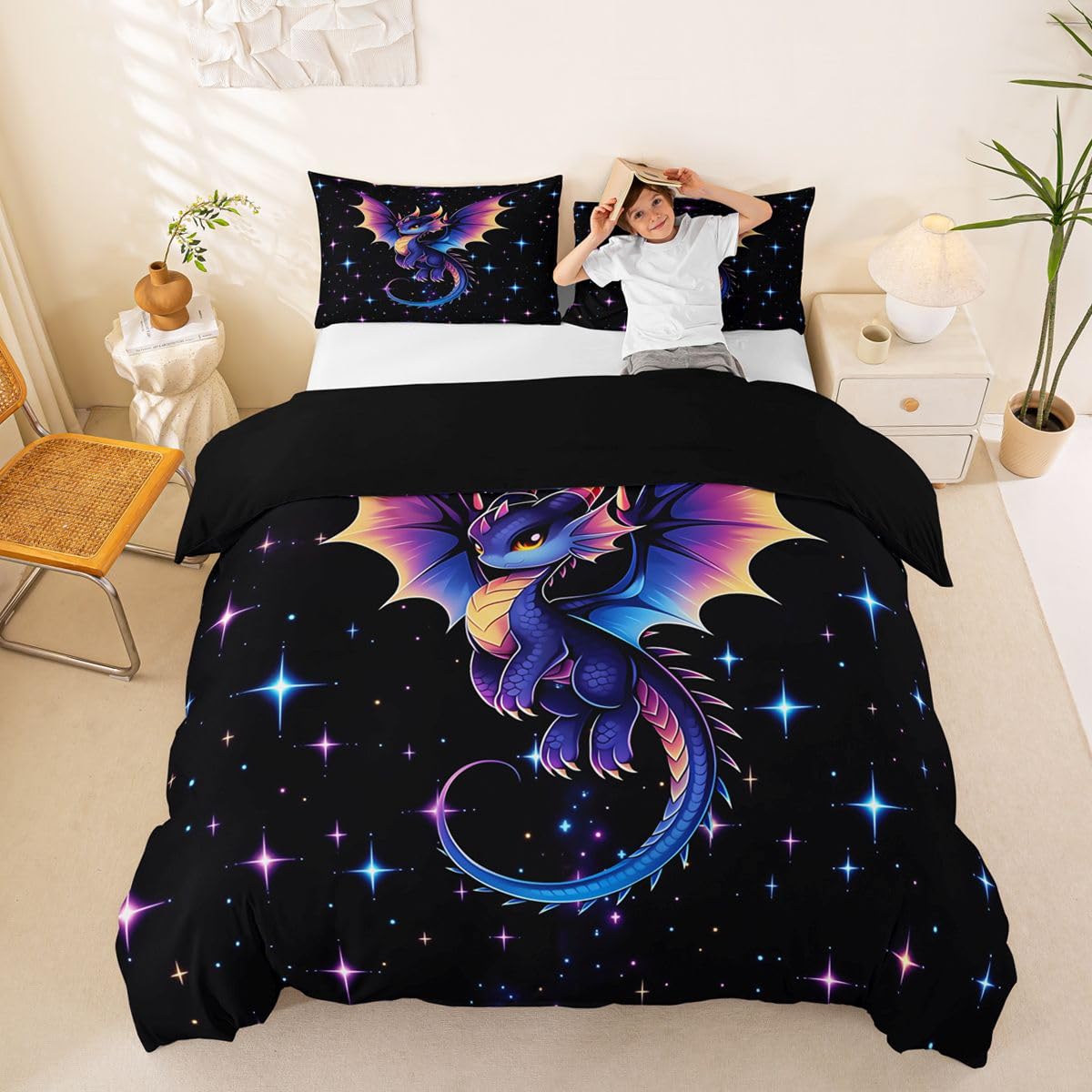 Homewish Set di biancheria da letto con copripiumino per letto super king size, motivo drago 3D, per bambini e ragazzi, galassia misteriosa e cielo stellato