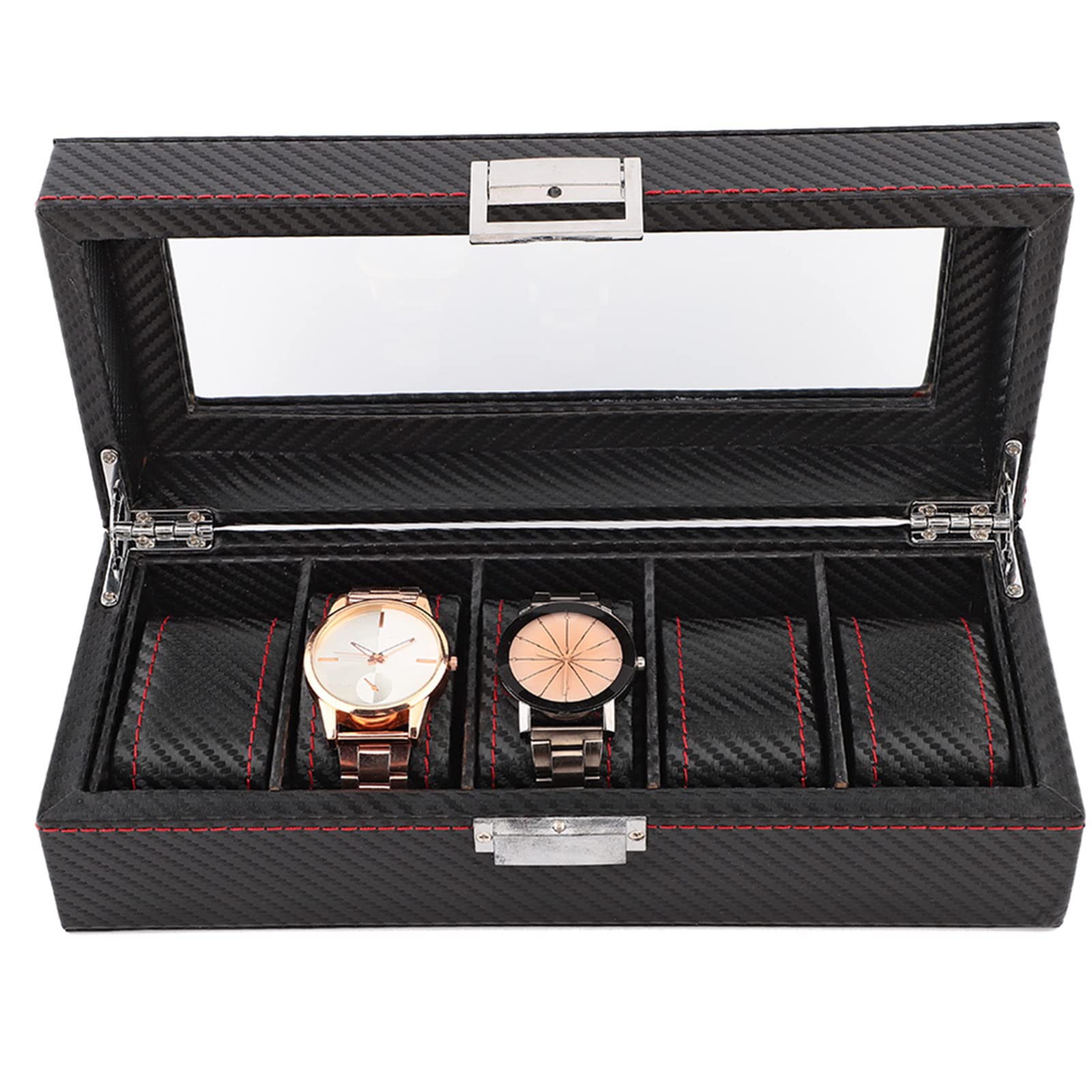 Caja para relojes de 5 compartimentos, estuche para relojes de fibra de carbono con costuras rojas, organizador de joyería de viaje para hombres y mujeres, almacena 5 relojes de