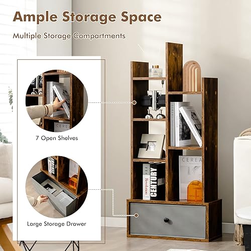 Miniatura 6 de LOKO Estantería rústica con cajón, estantería industrial de 3 estantes con dispositivo anti-caída y 7 compartimentos abiertos, estante de madera