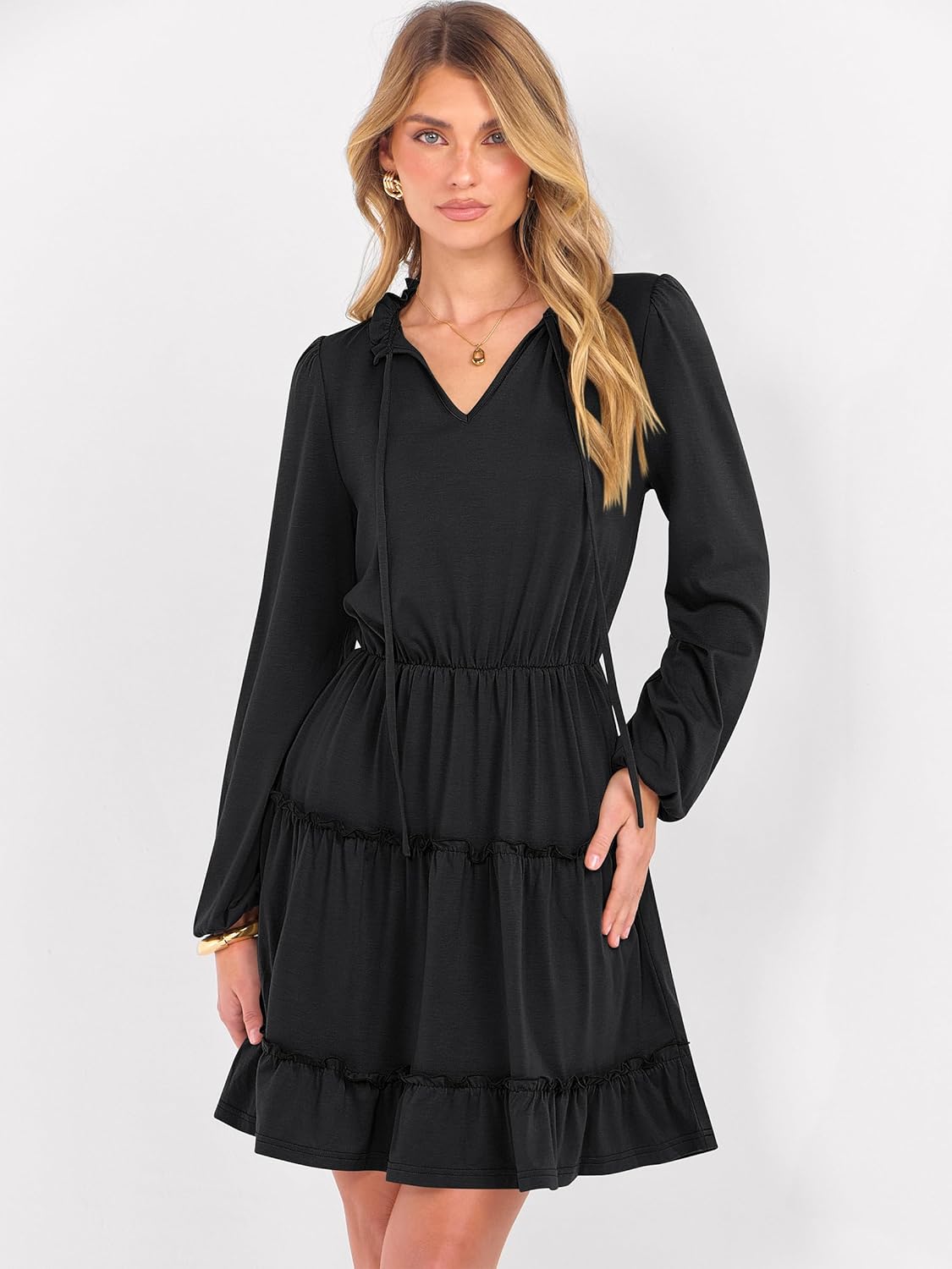 Caracilia Long Sleeve Dress for Women Fall 2025 Casual V Neck High Waist Tiered Ruffle Aline Swing Tunic Short Mini Dresses - Image 5