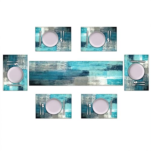 Miniatura 2 de TQFZP Camino de mesa azul turquesa y manteles individuales de conjunto de 6 manteles individuales azul turquesa de estilo granja de tela para