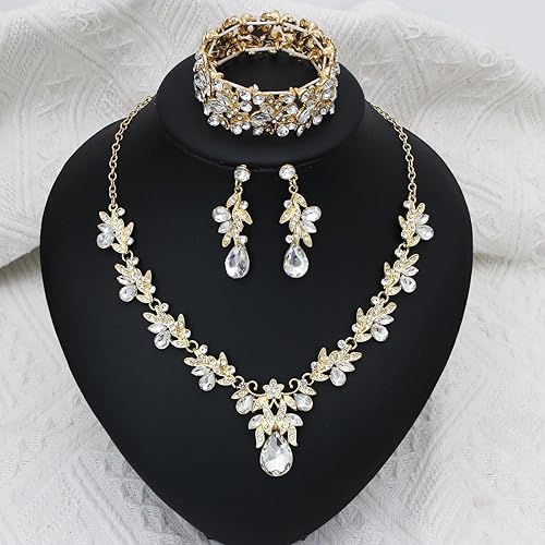 Miniatura 2 de Collar con colgante de lágrima de cristal de hoja de boda, aretes colgantes, pulsera elástica, conjunto de joyas para mujeres, fiesta de novia,