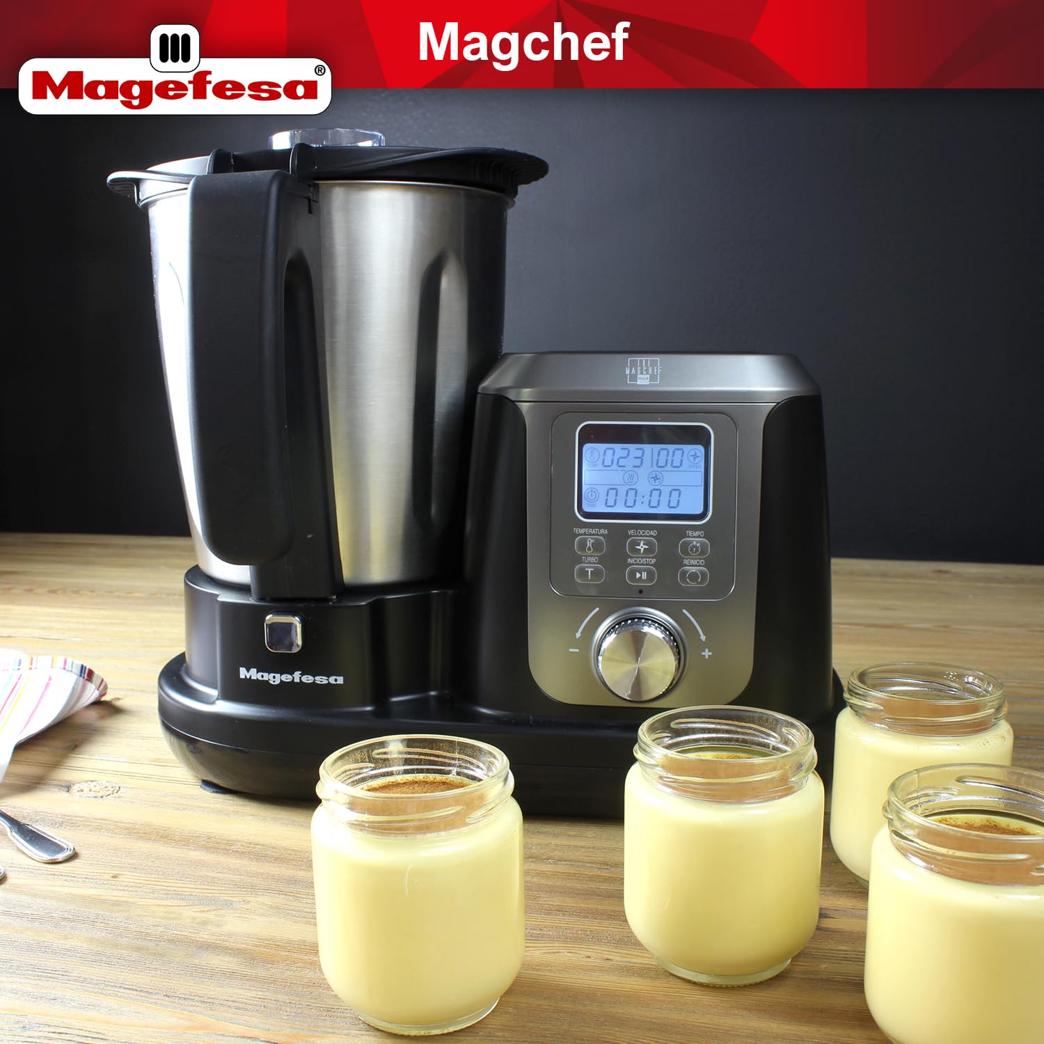 Magefesa Magchef - Robot de Cocina Multifunción Negro, 3.3L, 23 Funciones, Incluye Recetario, Espátula, Batidor, Protector de Cuchillas, Vaso Medidor