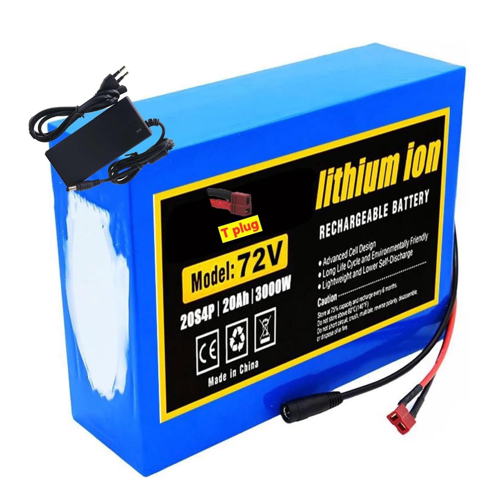 Lithium-Ion Battery Pack 72V 20Ah for 1000W 2000W 3000W Motor Rechargeable Replacement Battery with BMS,Xt60 plug