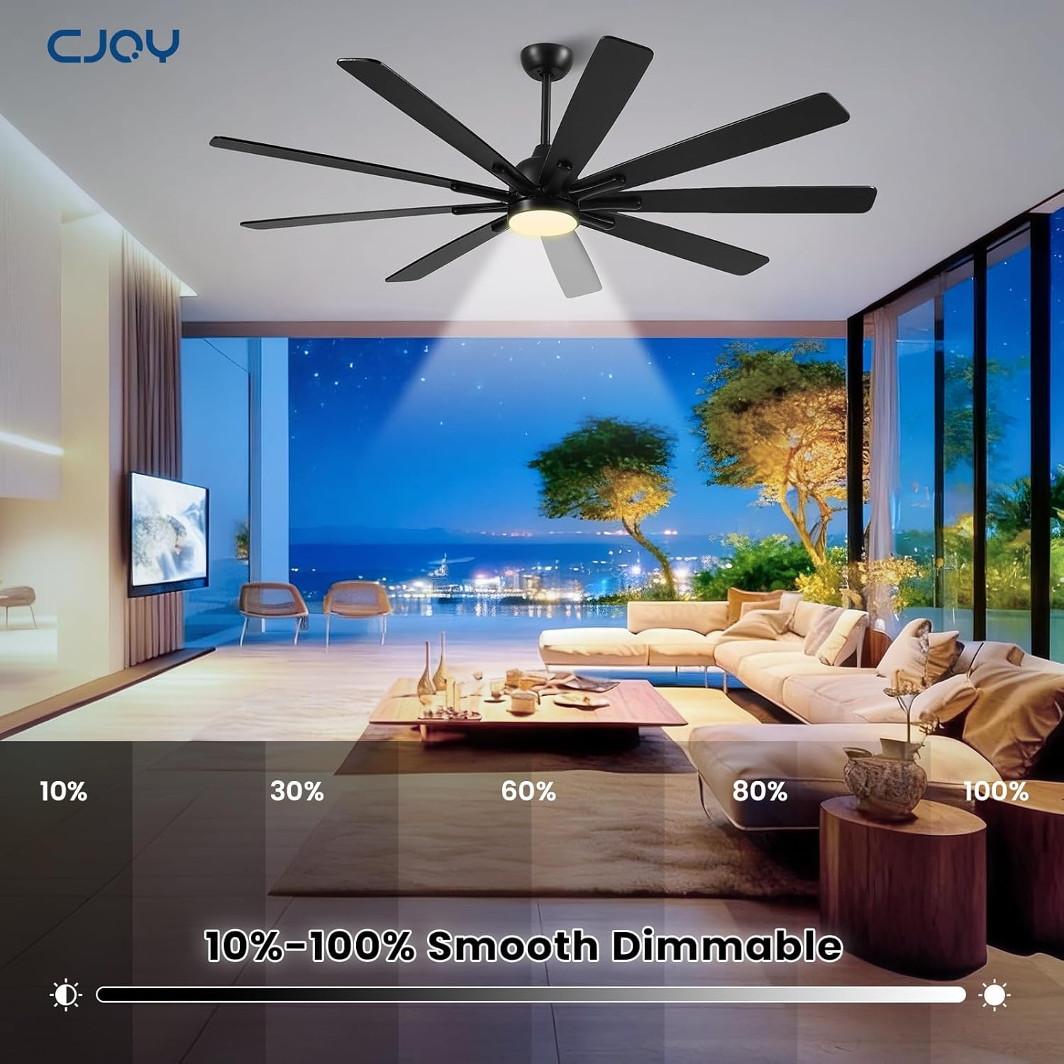 72 Inch Ceiling Fan with Light，Indoor/Outdoor Large Ceiling Fans with Lights for Kitchen Living Room Patio,9 Blade Black Reversible Quiet DC Motor,6 Speeds, Dimmable，3 CCT(Dual Finish )