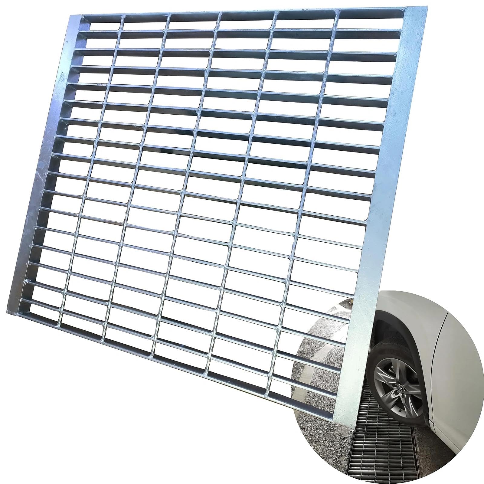 Galvanized Steel Drain Grate with Lip 28x28 in, B-Class 28100 lbs Heavy-Duty Driveway Channel Cover w/Base, Outdoor Trench Drainage Grate, Silver Square Metal Sewer Cover for Garage