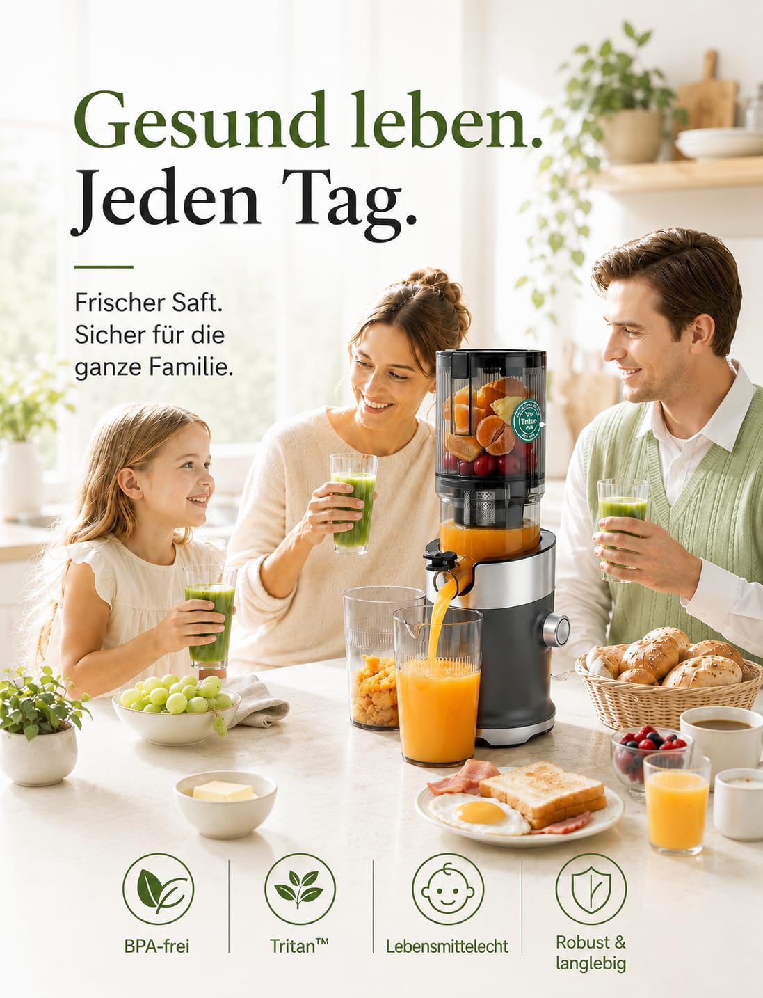 Entsafter Gemüse und Obst Testsieger, Slow Juicer, 130 mm | Hochwertiges BPA-freies Tritan, großer 1,5-L-Einfüllbehälter, hohe Saftausbeute und mühelose Reinigung