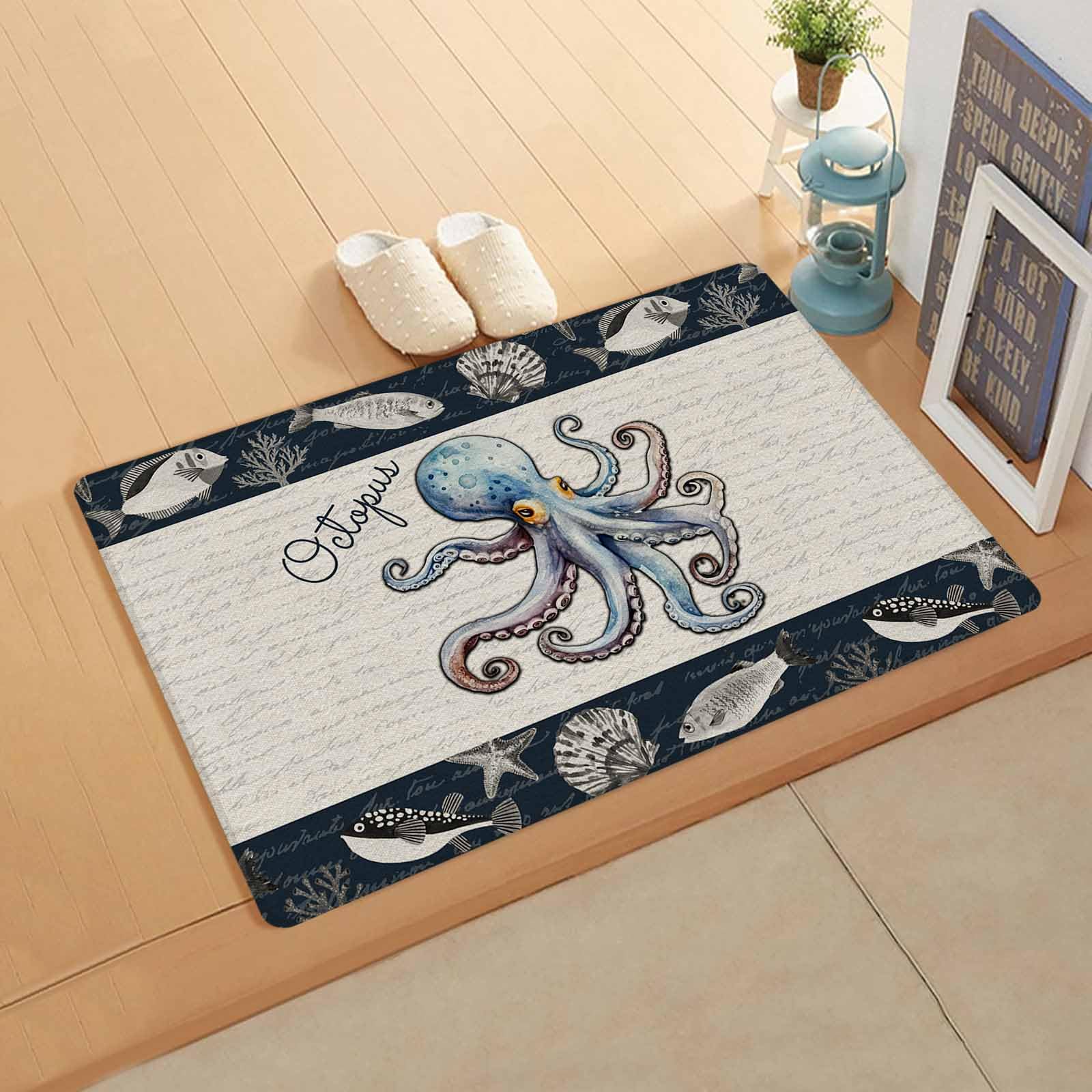 Nautical Coastal Octopus Antifatigue Kitchen Bath Door Mat Cushioned Runner Rug,Washable Welcome Floor Sink Mat,Waterproof & Non-Slip Standing Doormat for Kitchen,Tropical Fish Shell Starfish 20