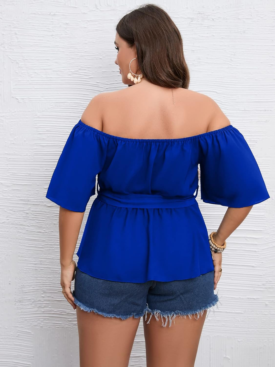 SCOMCHIC Women's Plus Size Off The Shoulder Peplum Blouse Top Half Bell Sleeve Tie Waist Ruffle Hem Babydoll Tops - Image 6