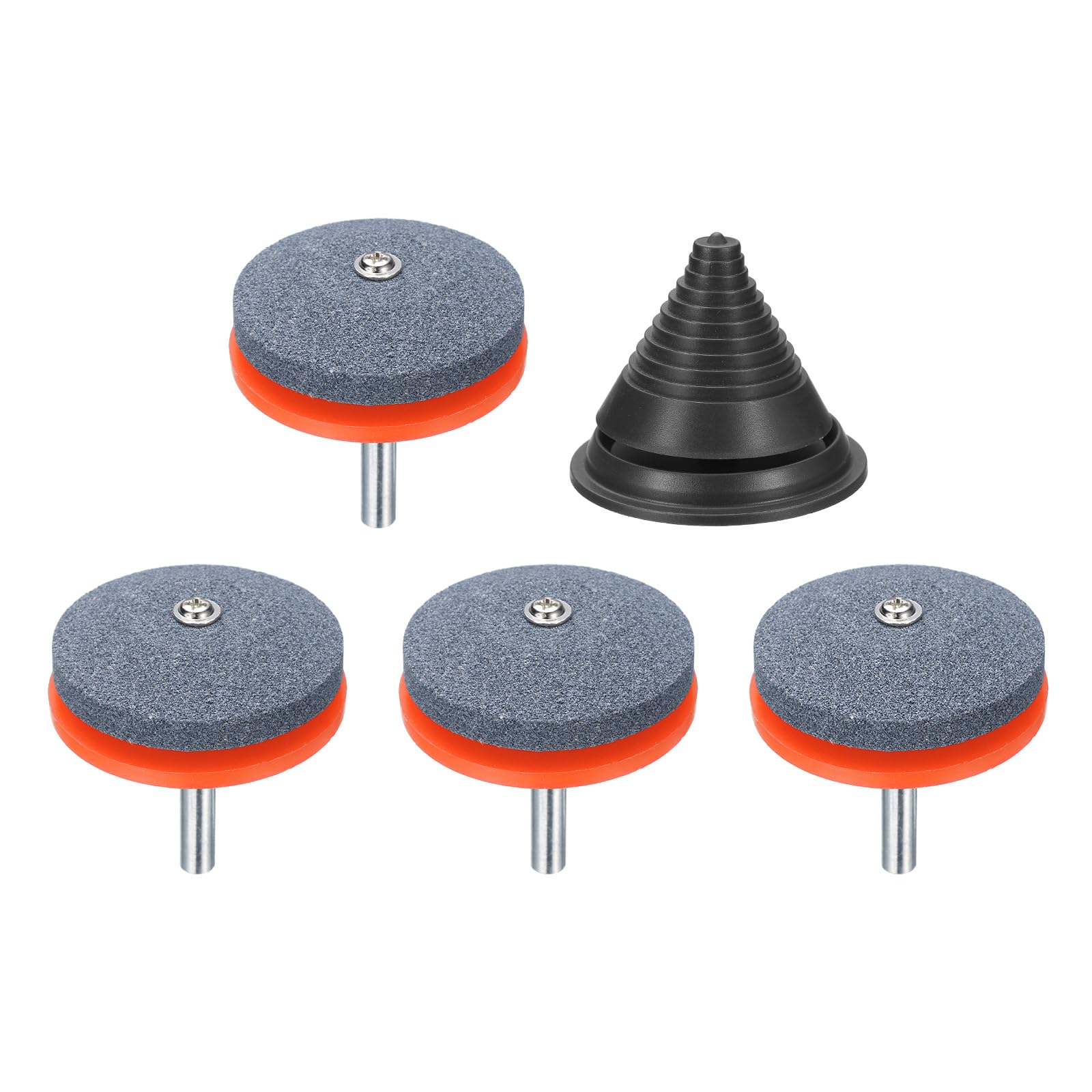 sourcing map Lawn Mower Blade Sharpener, 4pcs Rotary Corundum Mower Blade Grinder Stone with Plastic Backing and Black Blade Balancer for Power Drill Hand Drill Garden Tool, Orange