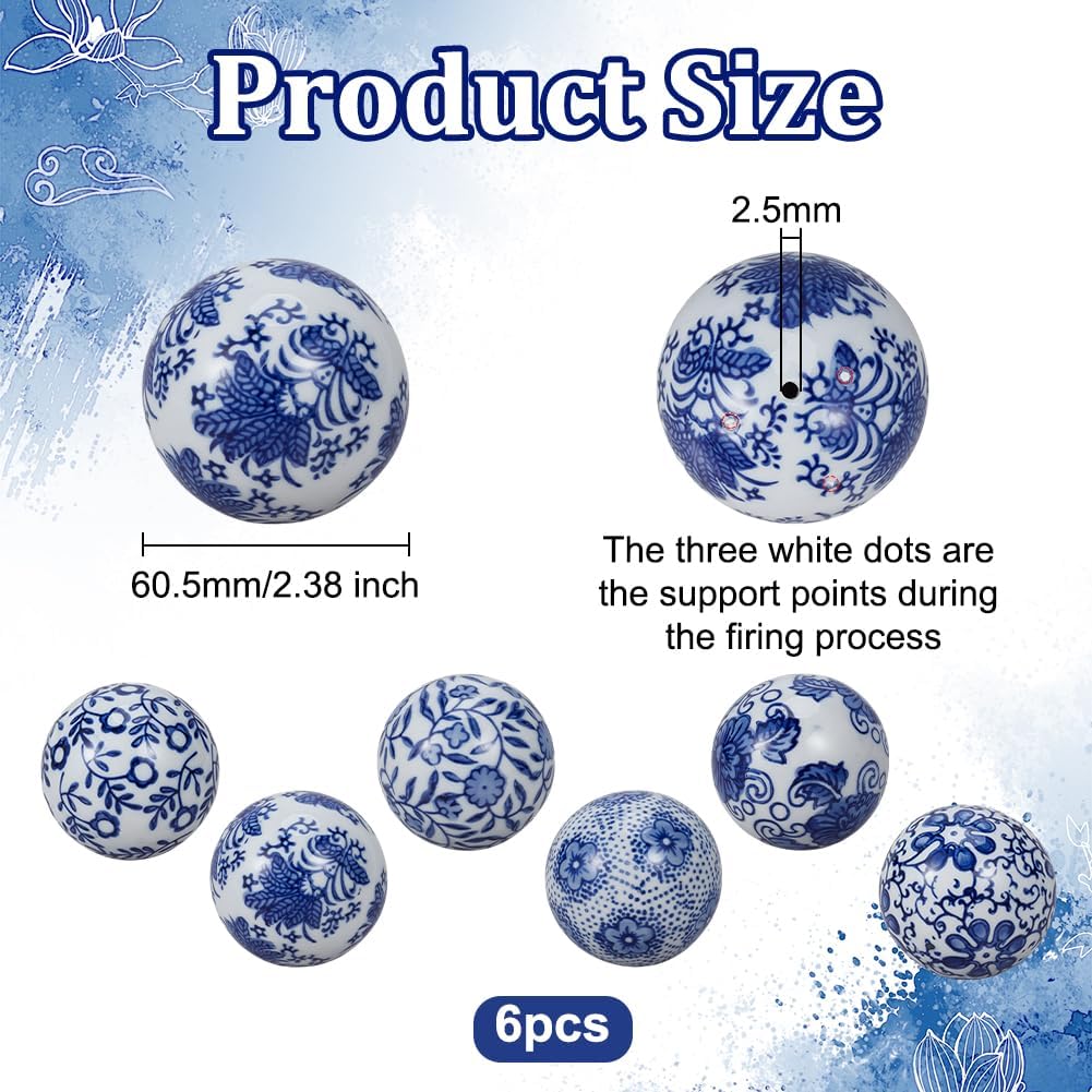 OLYCRAFT 6Pcs Blue and White Porcelain Balls 2.4 Inch Handmade Decorative Chinoiserie Bead 2.5mm Hole Ceramic Orbs for Centerpiece Bowl Vases Tray Tables Home Holiday Decoration - 6 Styles