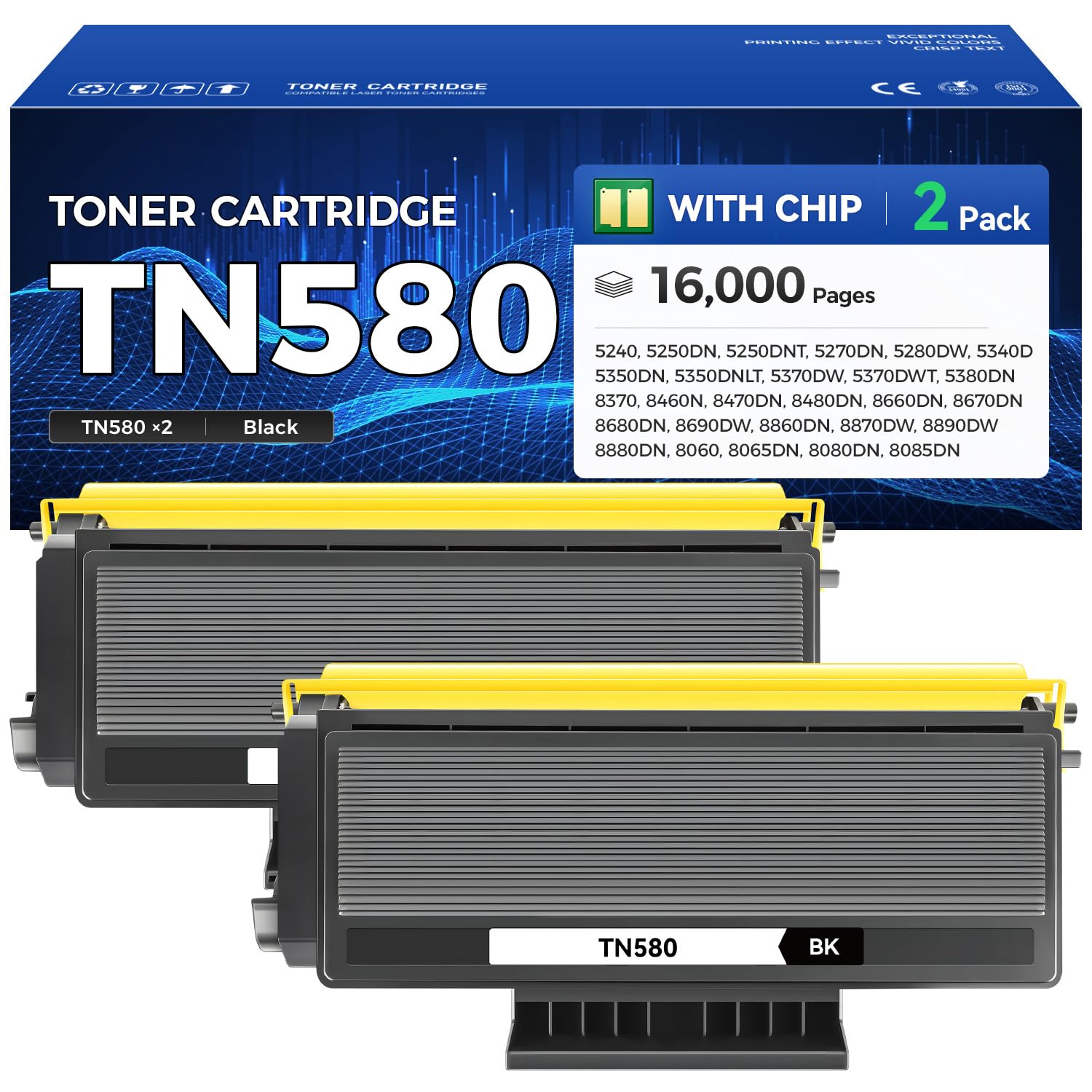 TN580 Toner Cartridge 2 Black High Yield Replacement for Brother TN580 TN650 TN550 TN620 Compatible with HL-5370DW HL-5340D DCP-8060 DCP-8065DN DCP-8080DN HL-5240 HL-5250DN HL-5270DN MFC-8660DN
