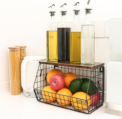 Miniatura 4 de Frutero, cesta de frutas apilable montada en la pared con tapa de madera lisa con 4 ganchos para colgar plátanos, organizador de encimera de cocina