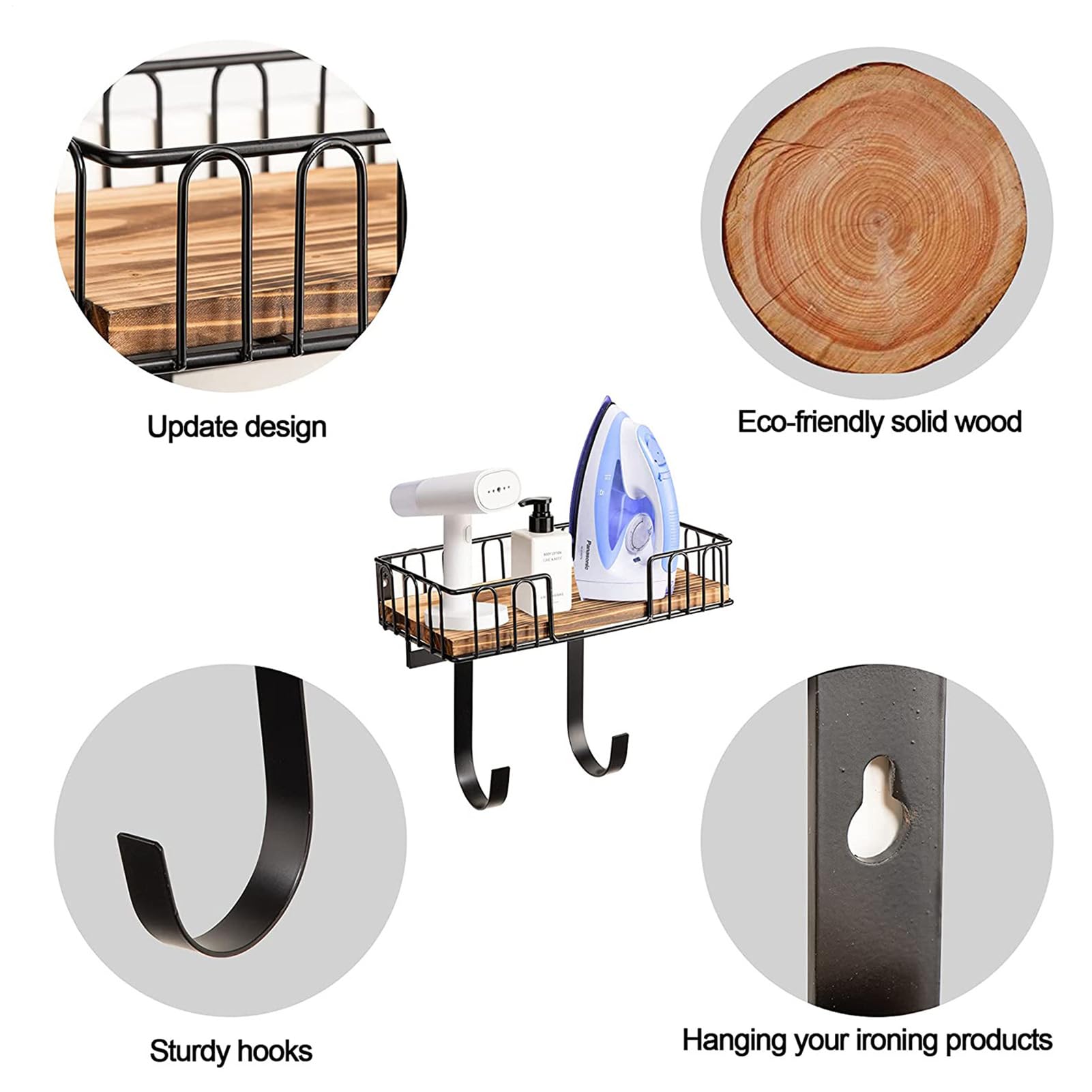 Appendiabiti per asse da stiro, mensola per la colazione, montato sulla | Parete, cestino in legno rustico, organizer con gancio regolabile, forchetta per asse da stiro, design alla moda