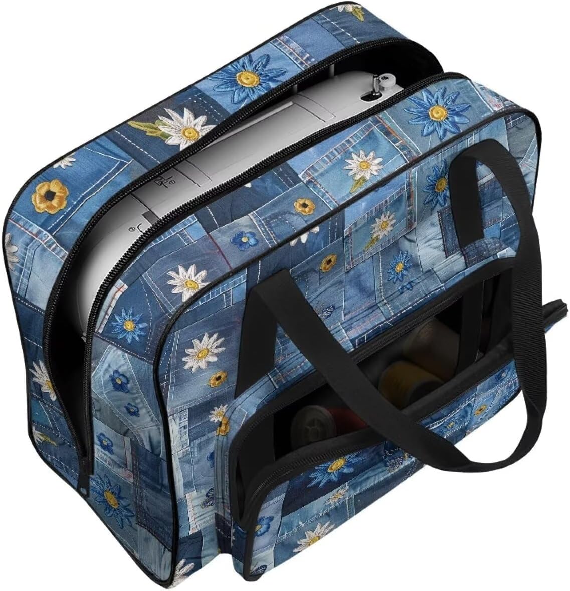 Sewing Machine Tote Bag Roomy Sewing Storage Dust Bag Versatile Sewing Machine Organizer Bag Portable Sewing Machine Carrying Case, Daisy Patchwork Denim Print