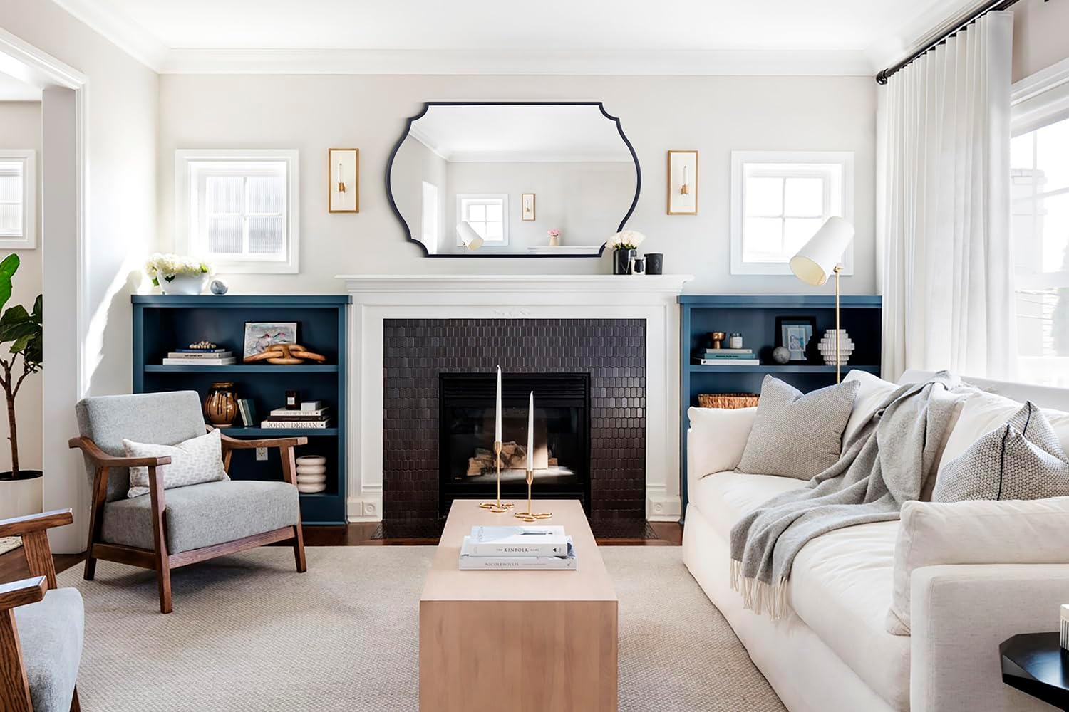 Chende Large Black Wall Mirror, 44''X32'' Modern Living Room Mirrors for Wall Decor, Rectangle Scalloped Mirror with Metal Frame for Bathroom Vanity, Dining Room, Entryway, Mantel, Fireplace