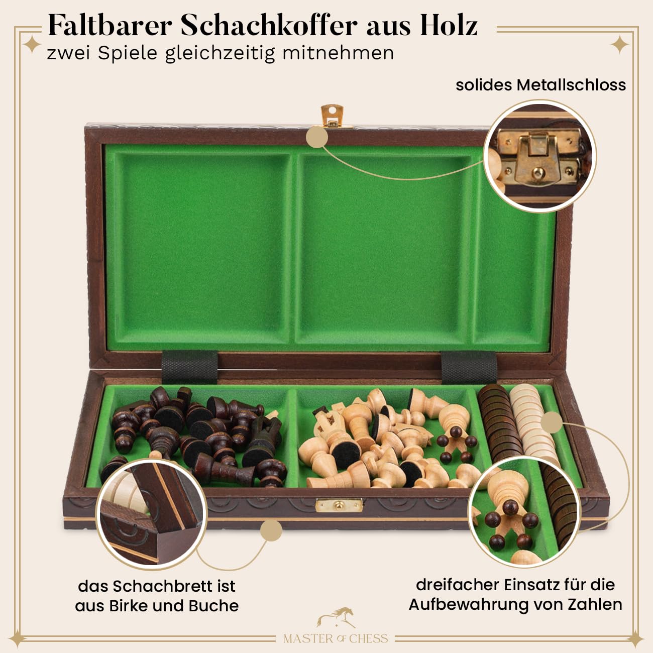Great Kingdom Schach Spiel und Dame Spiel | Master of Chess Farbe Brune | Chess Set 35cm | Qualität Reise Schachspiel- Handgemachtes Tragbares Schach für Kinder und Erwachsene