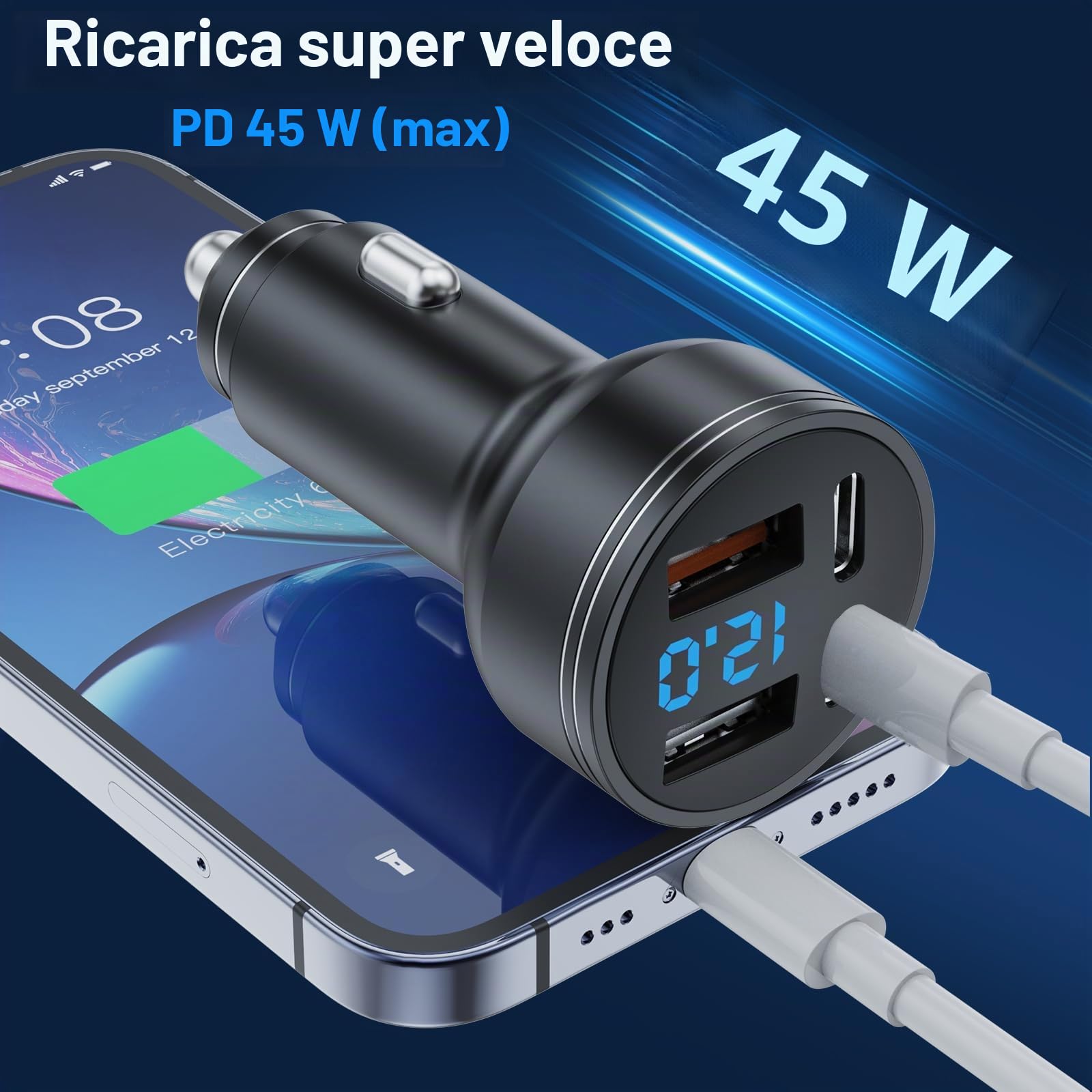 4-Porte Caricabatteria Auto USB C, 126W Accendisigari USB C Adattatore 2*PD+2*QC3.0 USB, Caricabatteria da Auto USB C con Voltmetro LED, Ricarica Veloce per IOS, Android, Compresse