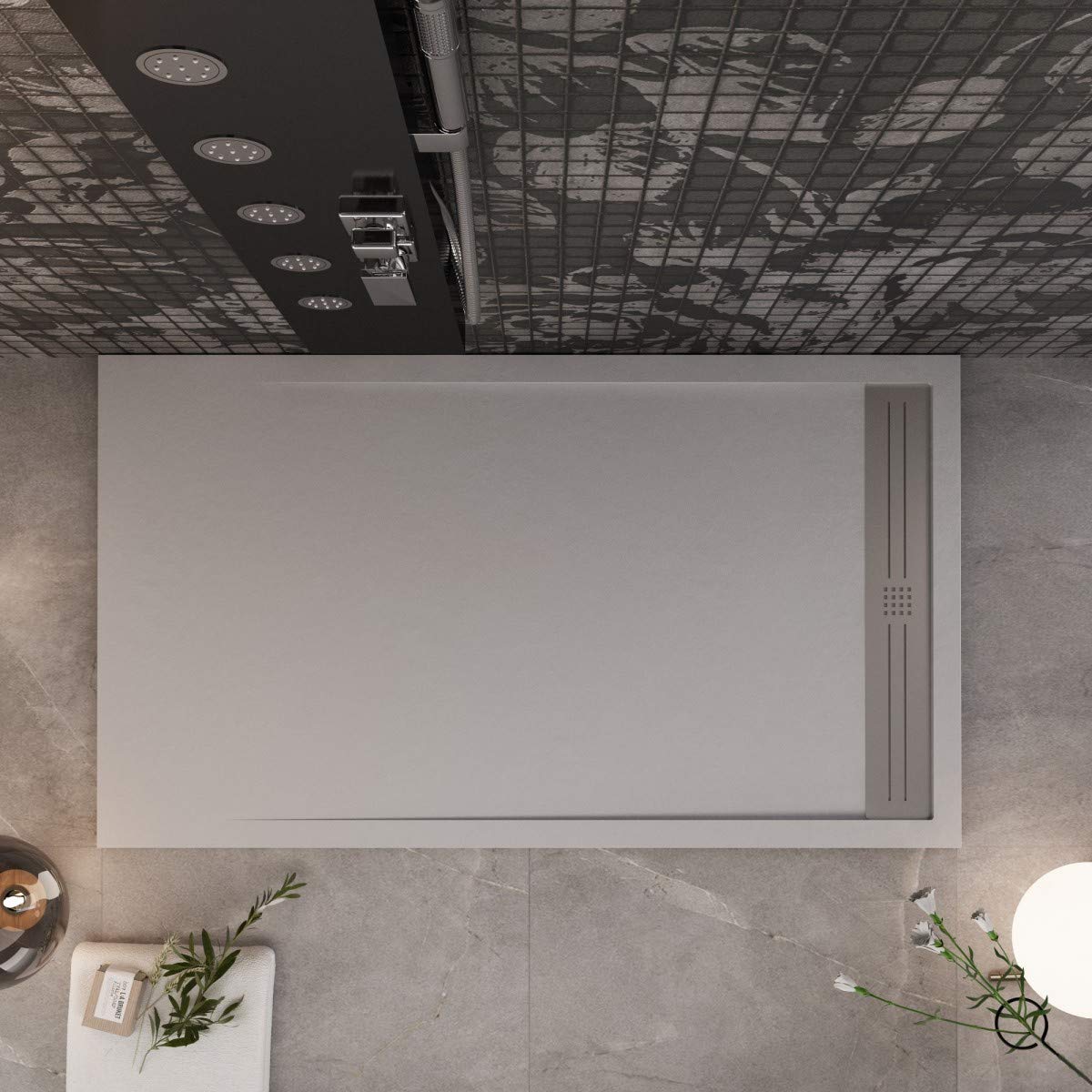 Luminosa ArredoBagno Plato de ducha Marmoresina 80 x 120 cm – Efecto piedra antideslizante con gel – Modelo Paris Color gris claro – Parrilla inoxidable y desagüe incluidos
